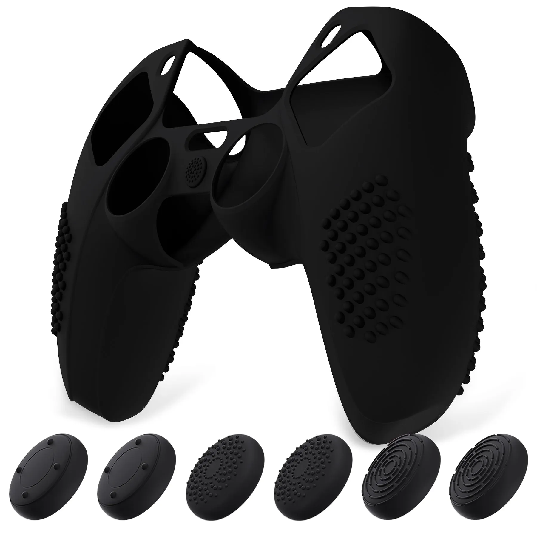 PlayVital Upgraded 3D Studded Edition Black Silicone Cover Skin for PS5 Controller with 6 Thumb Grips & 2 Stickers, Anti-Slip Shockproof Controller Grip Case - Compatible with Charging Dock - TVAPFP001