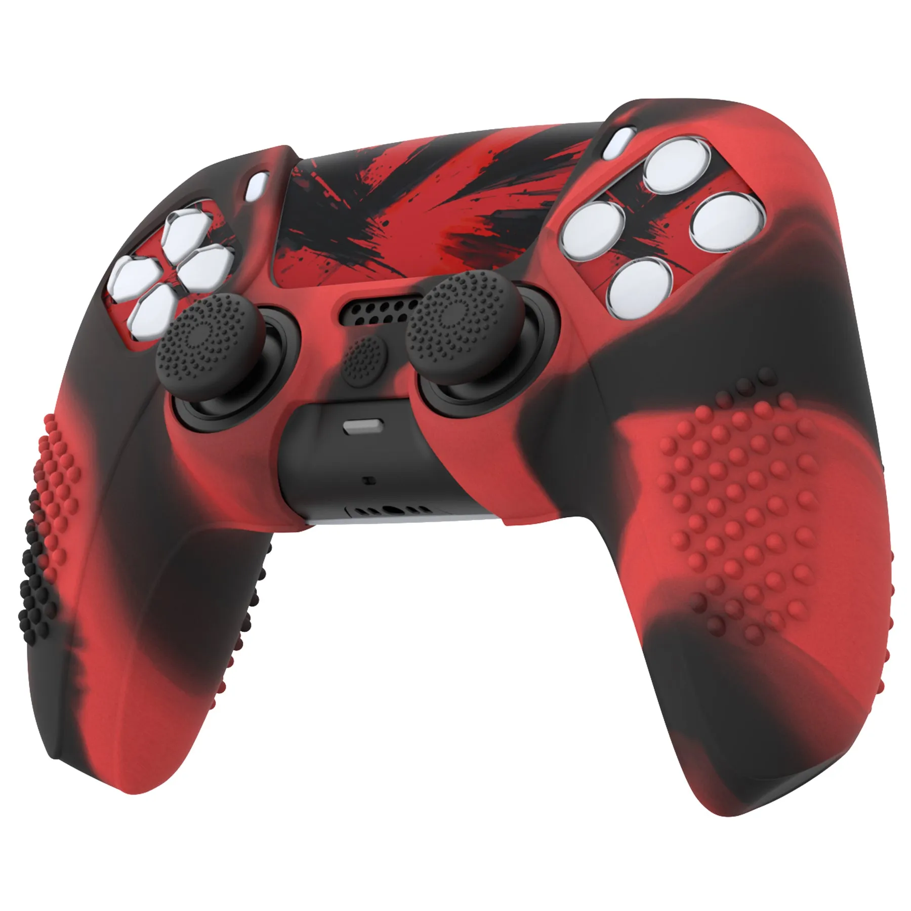 PlayVital Upgraded 3D Studded Edition Red & Black Silicone Cover Skin for PS5 Controller with 6 Thumb Grips & 2 Stickers, Anti-Slip Shockproof Controller Grip Case - Compatible with Charging Dock - TVAPFP005