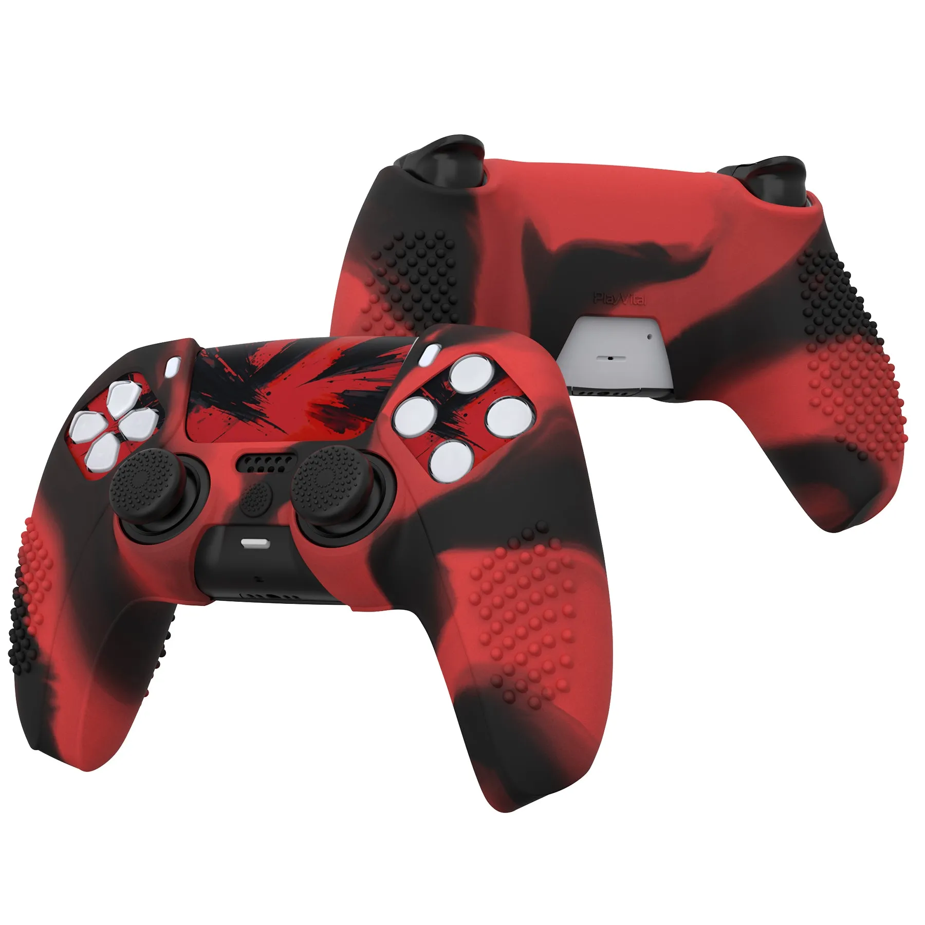 PlayVital Upgraded 3D Studded Edition Red & Black Silicone Cover Skin for PS5 Controller with 6 Thumb Grips & 2 Stickers, Anti-Slip Shockproof Controller Grip Case - Compatible with Charging Dock - TVAPFP005