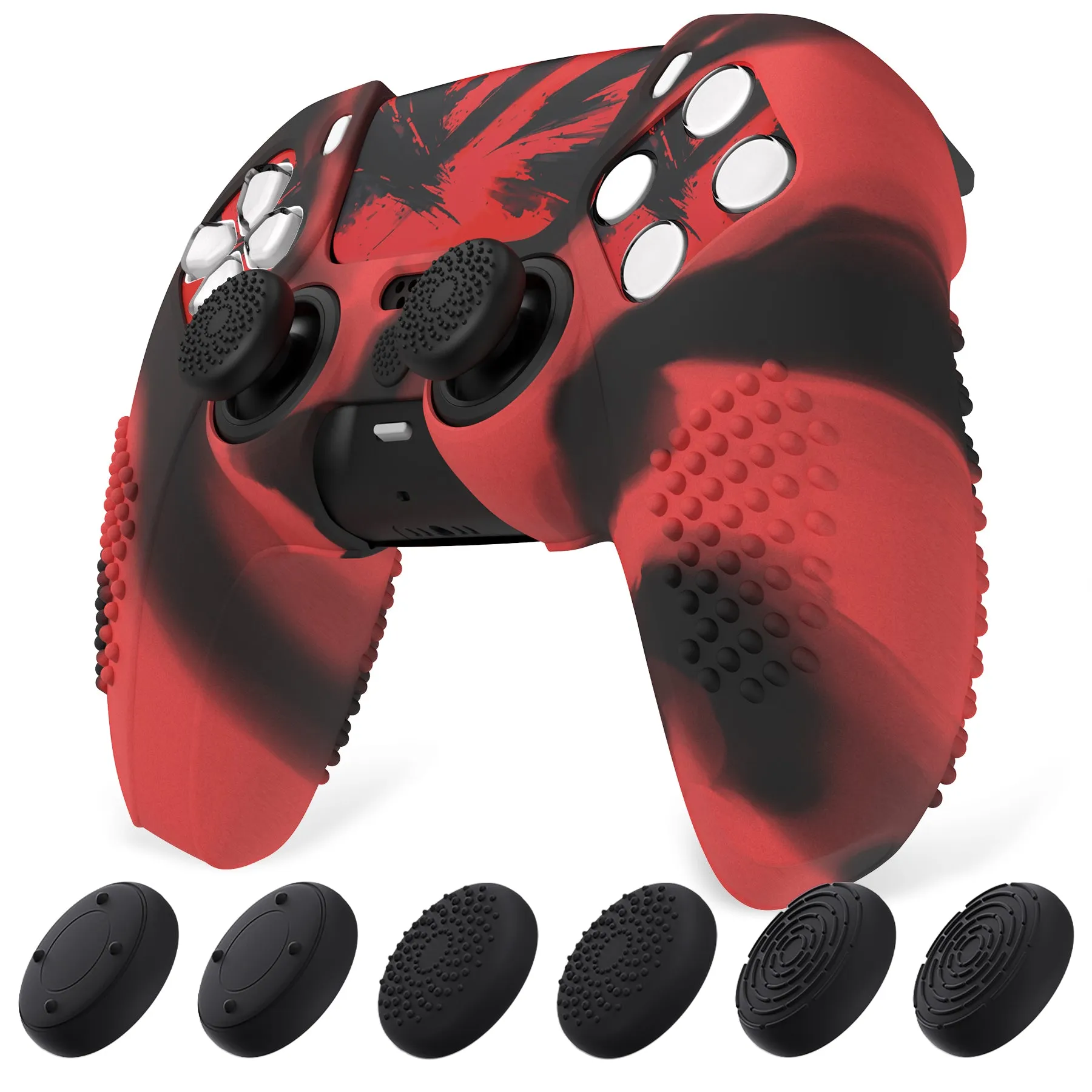 PlayVital Upgraded 3D Studded Edition Red & Black Silicone Cover Skin for PS5 Controller with 6 Thumb Grips & 2 Stickers, Anti-Slip Shockproof Controller Grip Case - Compatible with Charging Dock - TVAPFP005