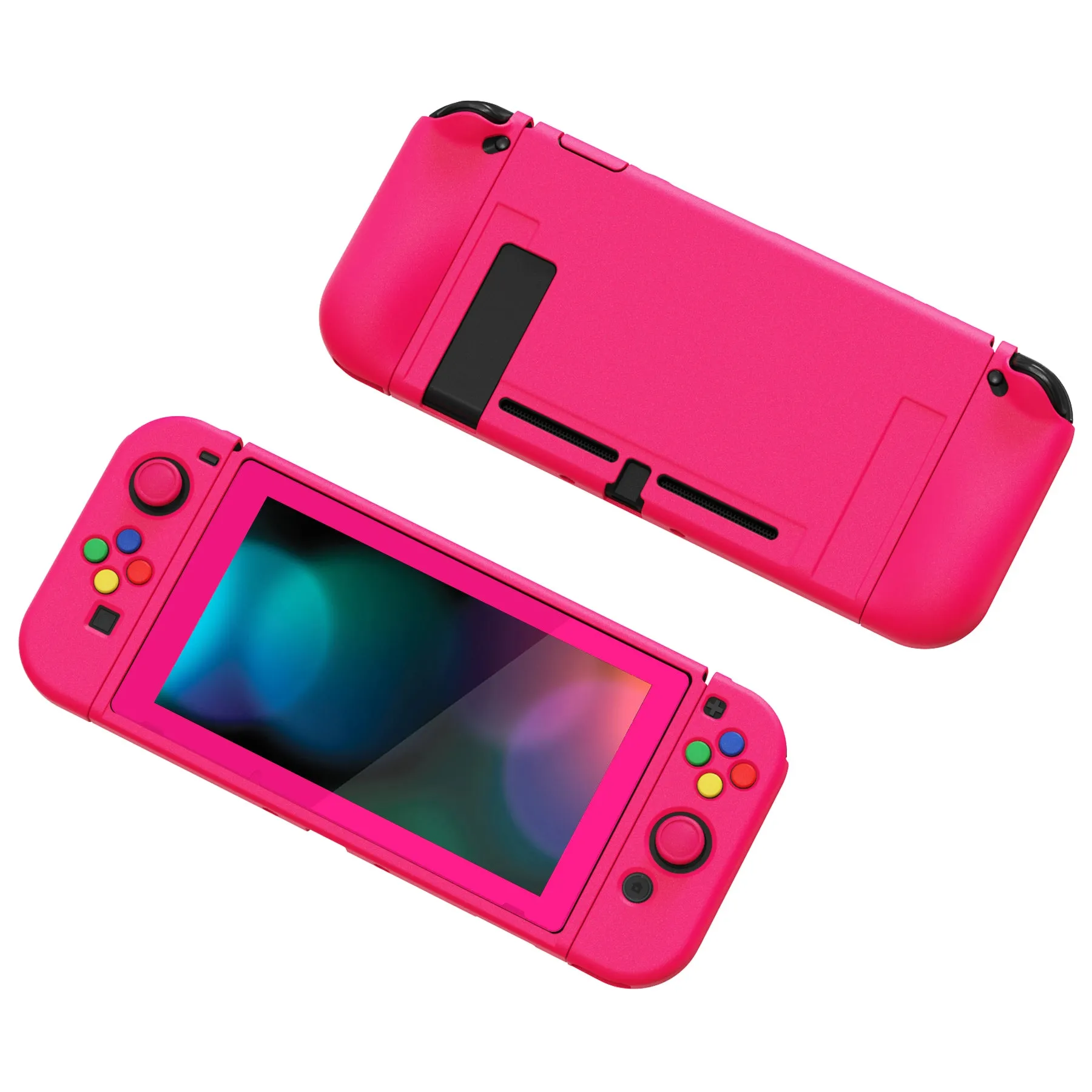 PlayVital ZealProtect Soft Protective Case for Nintendo Switch, Flexible Cover Protector for Nintendo Switch with Tempered Glass Screen Protector & Thumb Grip Caps & ABXY Direction Button Caps - Bright Pink - RNSYM5013