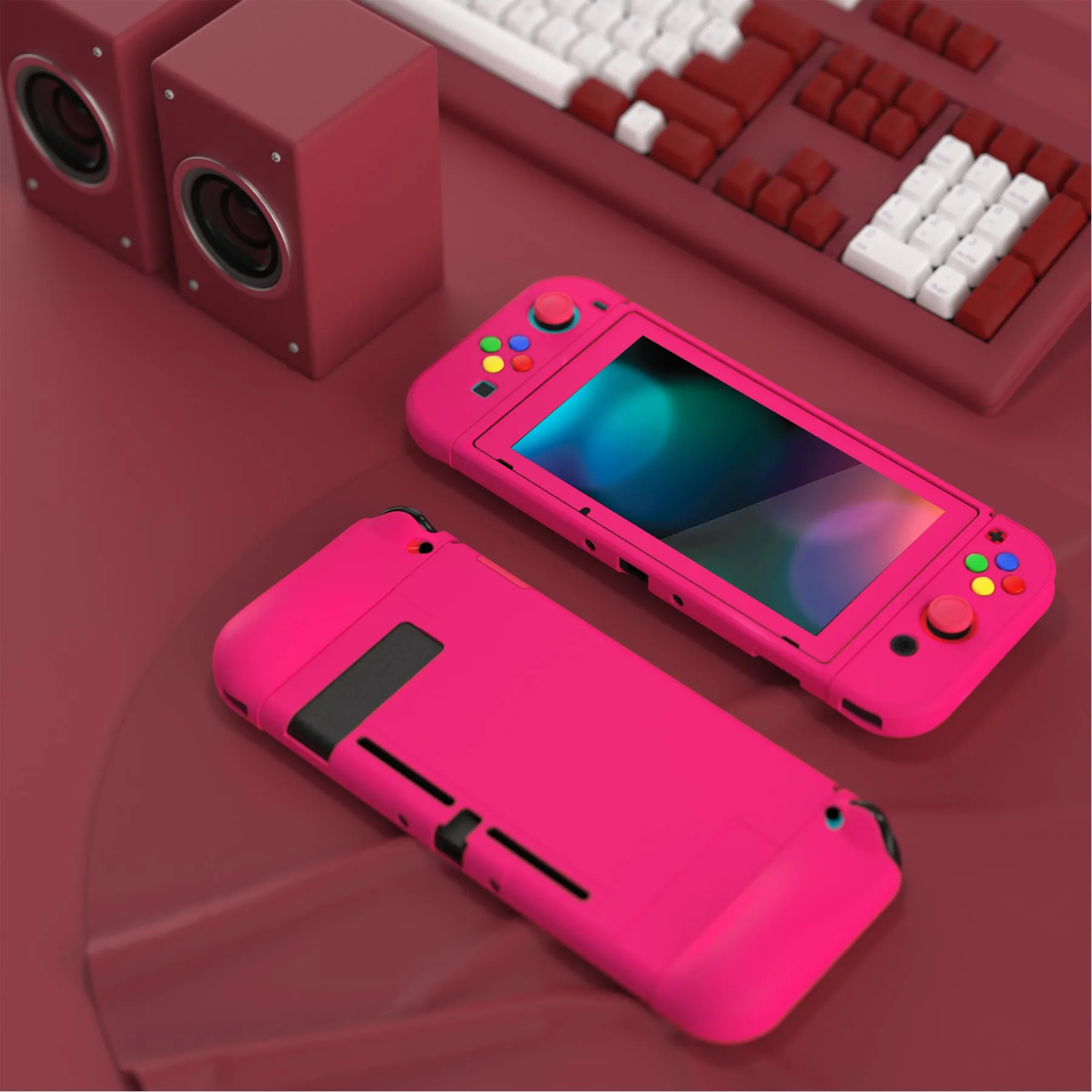 PlayVital ZealProtect Soft Protective Case for Nintendo Switch, Flexible Cover Protector for Nintendo Switch with Tempered Glass Screen Protector & Thumb Grip Caps & ABXY Direction Button Caps - Bright Pink - RNSYM5013