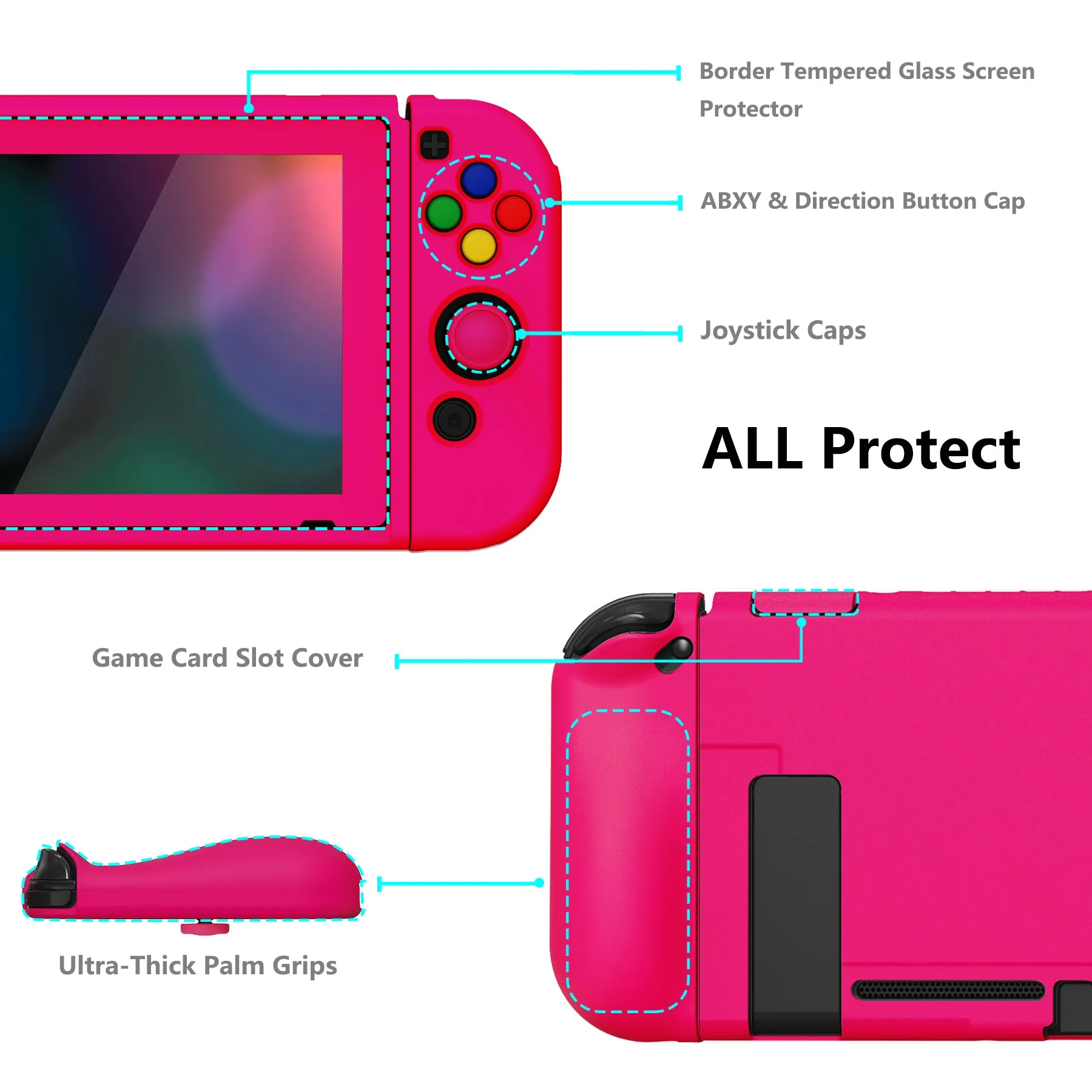 PlayVital ZealProtect Soft Protective Case for Nintendo Switch, Flexible Cover Protector for Nintendo Switch with Tempered Glass Screen Protector & Thumb Grip Caps & ABXY Direction Button Caps - Bright Pink - RNSYM5013