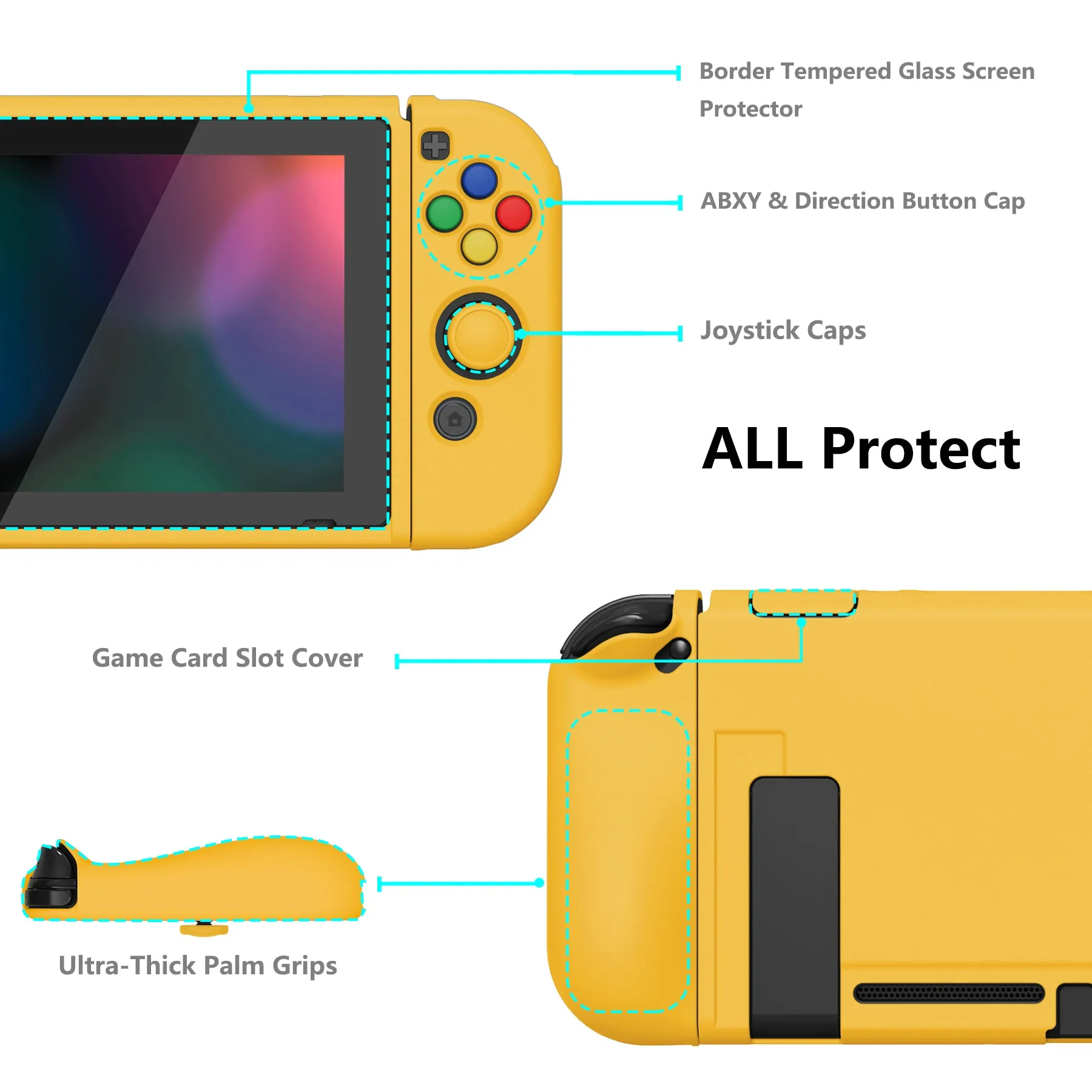 PlayVital ZealProtect Soft Protective Case for Nintendo Switch, Flexible Cover Protector for Nintendo Switch with Tempered Glass Screen Protector & Thumb Grip Caps & ABXY Direction Button Caps - Bright Yellow - RNSYM5009