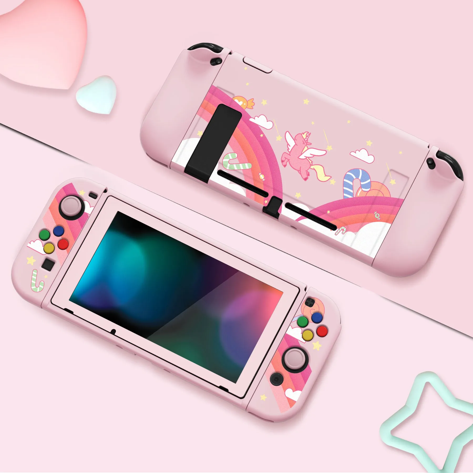 PlayVital ZealProtect Soft Protective Case for Nintendo Switch, Flexible Cover Protector for Nintendo Switch with Tempered Glass Screen Protector & Thumb Grip Caps & ABXY Direction Button Caps - Candy Rainbow Unicorn - RNSYV6007