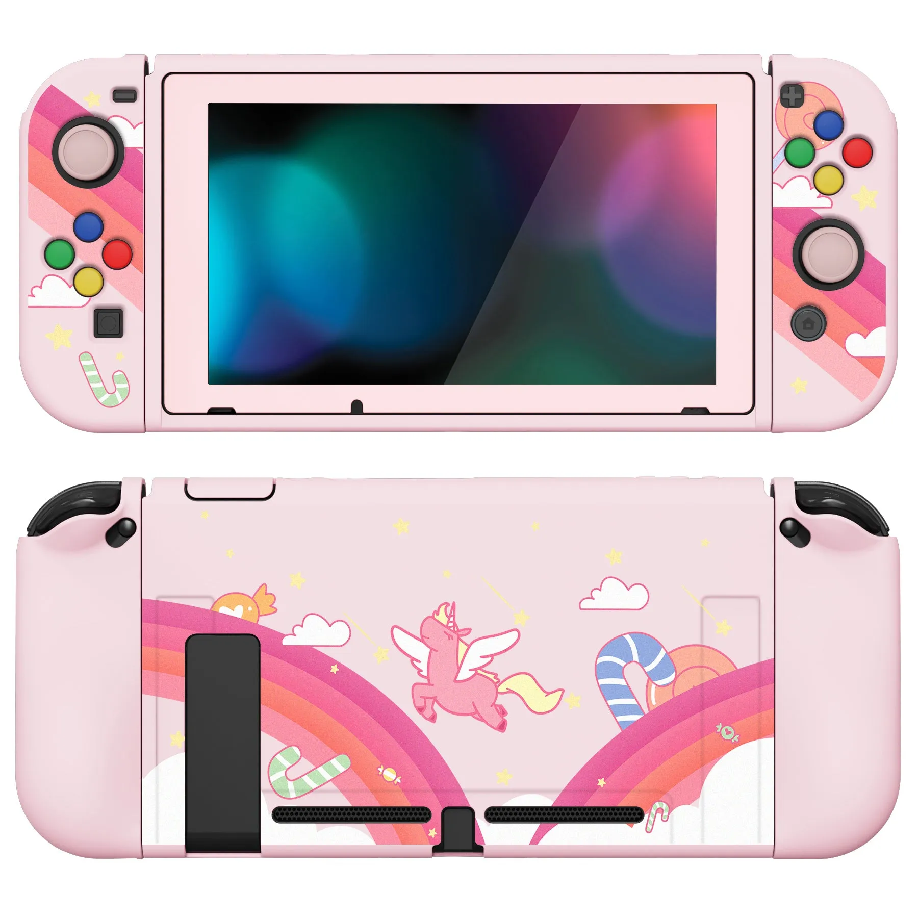 PlayVital ZealProtect Soft Protective Case for Nintendo Switch, Flexible Cover Protector for Nintendo Switch with Tempered Glass Screen Protector & Thumb Grip Caps & ABXY Direction Button Caps - Candy Rainbow Unicorn - RNSYV6007