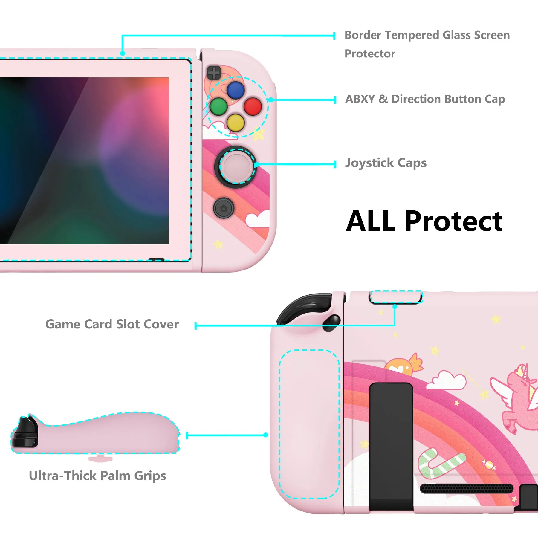 PlayVital ZealProtect Soft Protective Case for Nintendo Switch, Flexible Cover Protector for Nintendo Switch with Tempered Glass Screen Protector & Thumb Grip Caps & ABXY Direction Button Caps - Candy Rainbow Unicorn - RNSYV6007