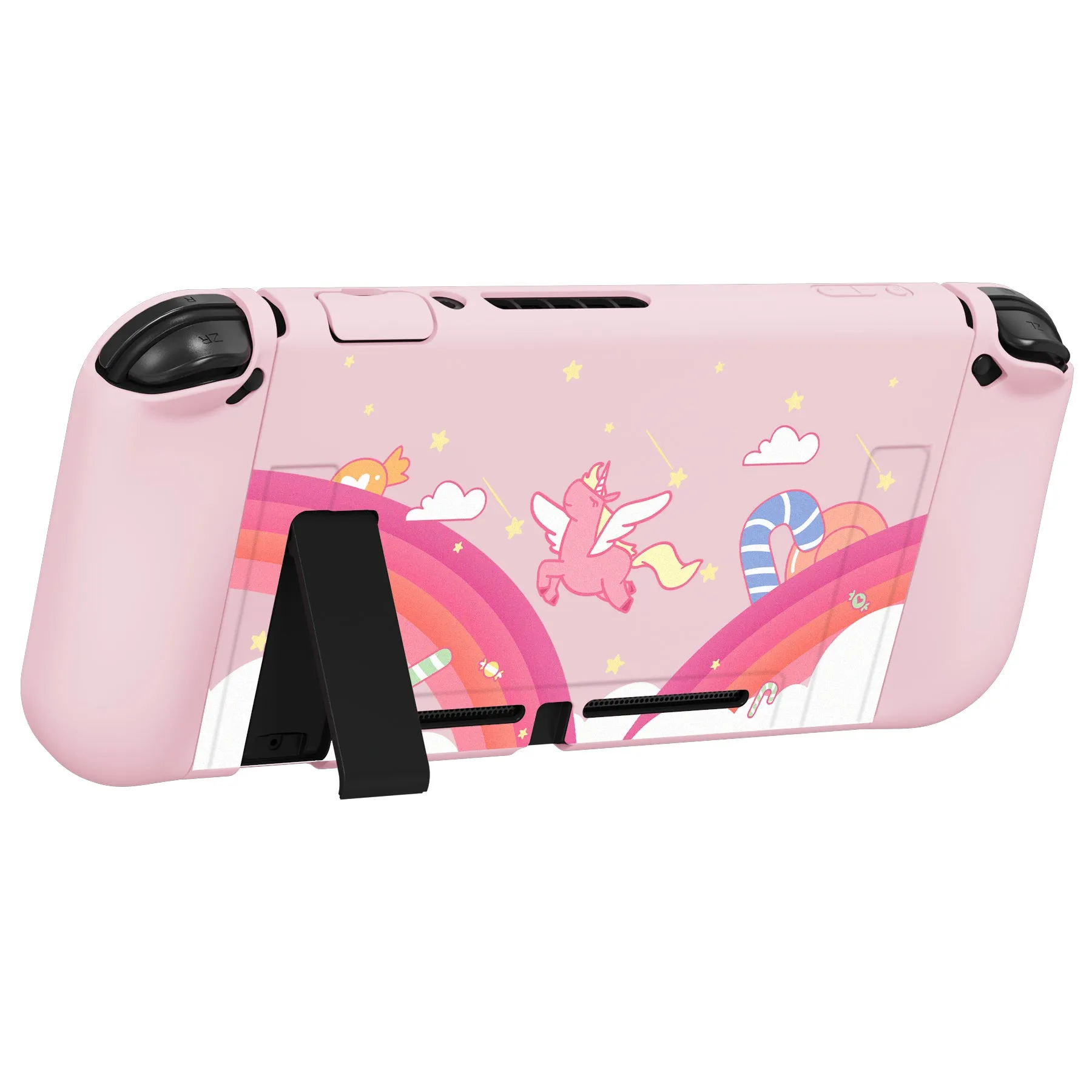 PlayVital ZealProtect Soft Protective Case for Nintendo Switch, Flexible Cover Protector for Nintendo Switch with Tempered Glass Screen Protector & Thumb Grip Caps & ABXY Direction Button Caps - Candy Rainbow Unicorn - RNSYV6007