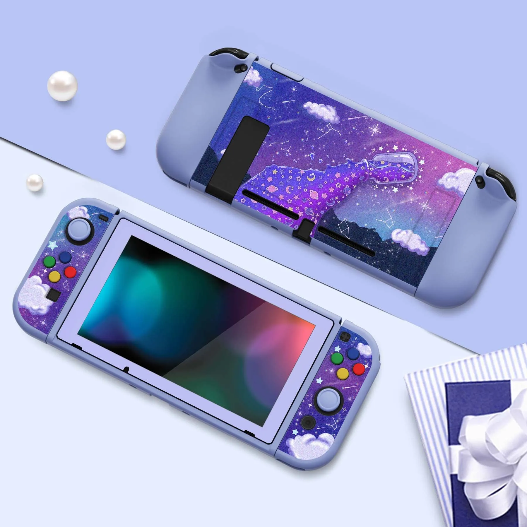 PlayVital ZealProtect Soft Protective Case for Nintendo Switch, Flexible Cover Protector for Nintendo Switch with Tempered Glass Screen Protector & Thumb Grip Caps & ABXY Direction Button Caps - Pouring Starry - RNSYV6012