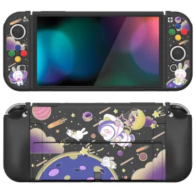 PlayVital ZealProtect Soft Protective Case for Nintendo Switch OLED, Flexible Protector Joycon Grip Cover for Nintendo Switch OLED with Thumb Grip Caps & ABXY Direction Button Caps - Space Cat Adventure - XSOYV6024