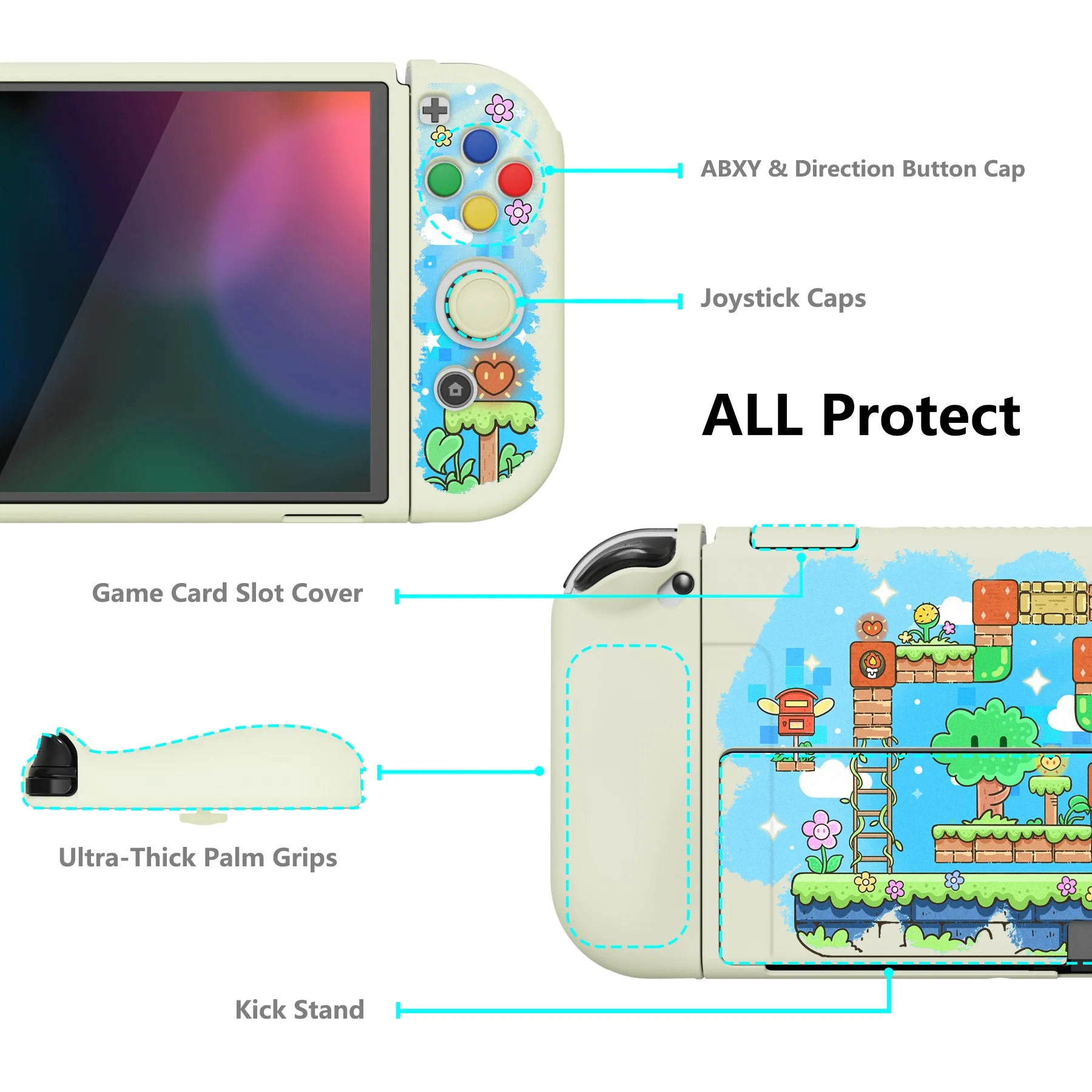 PlayVital ZealProtect Soft Protective Case for Switch OLED, Flexible Protector Joycon Grip Cover for Switch OLED with Thumb Grip Caps & ABXY Direction Button Caps - Blocks Adventure - XSOYV6042