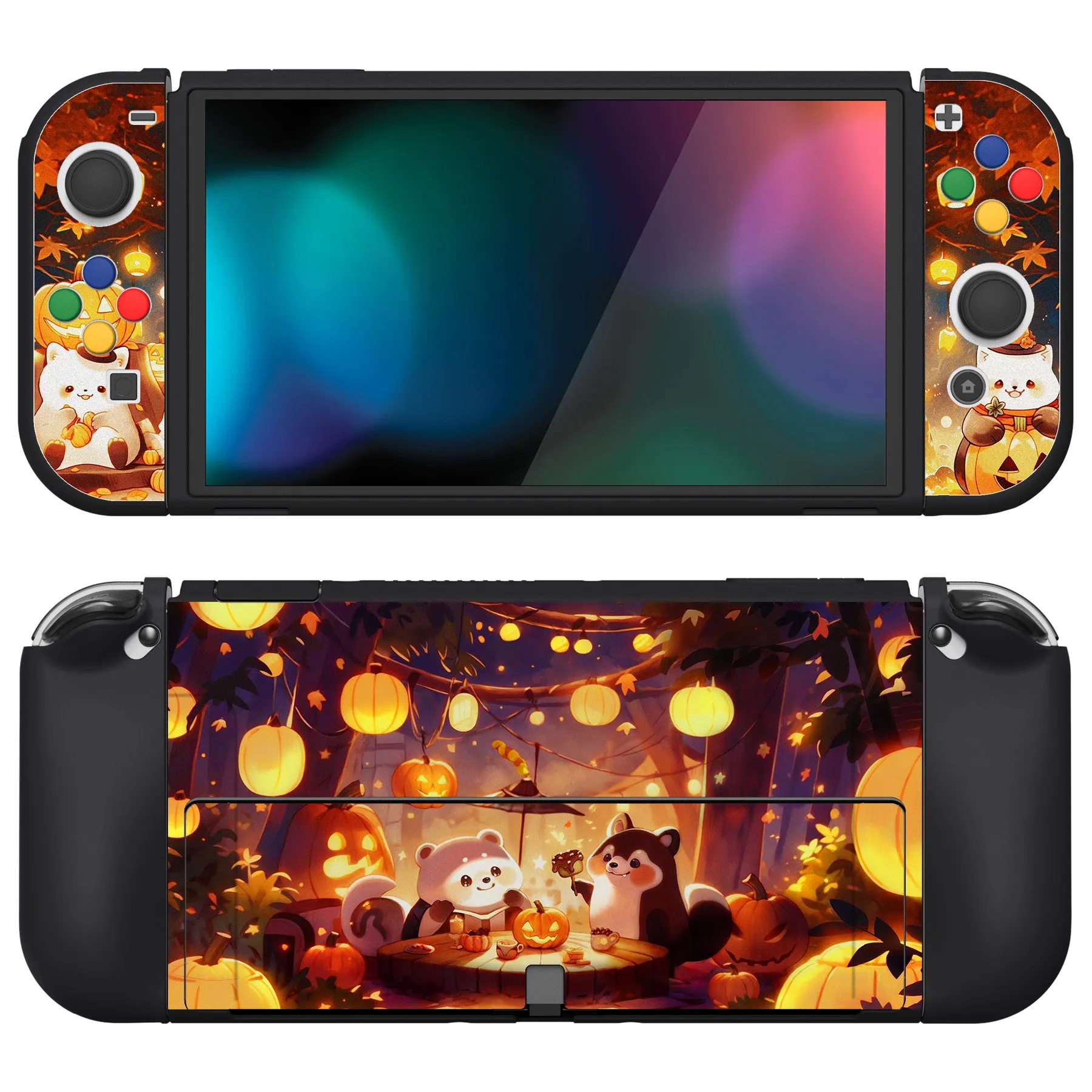 PlayVital ZealProtect Soft Protective Case for Switch OLED, Flexible Protector Joycon Grip Cover for Switch OLED with Thumb Grip Caps & ABXY Direction Button Caps - Halloween Pumpkin Fest - XSOYV6043