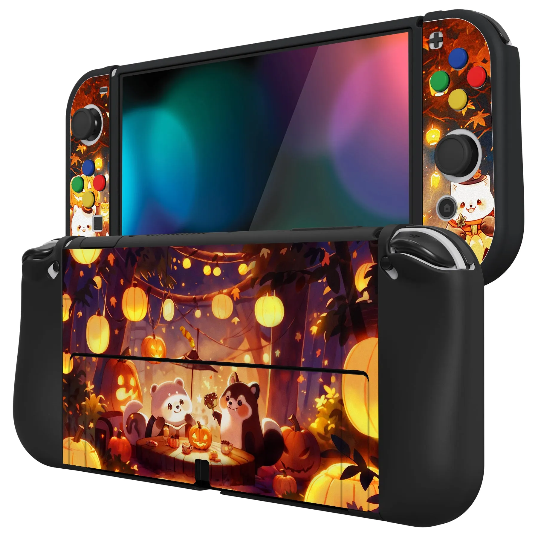 PlayVital ZealProtect Soft Protective Case for Switch OLED, Flexible Protector Joycon Grip Cover for Switch OLED with Thumb Grip Caps & ABXY Direction Button Caps - Halloween Pumpkin Fest - XSOYV6043