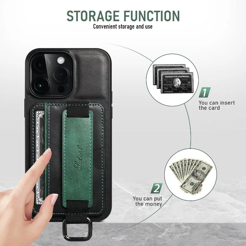 PU Leather Phone Case With Wristband Hand Strap Card Holder For iPhone