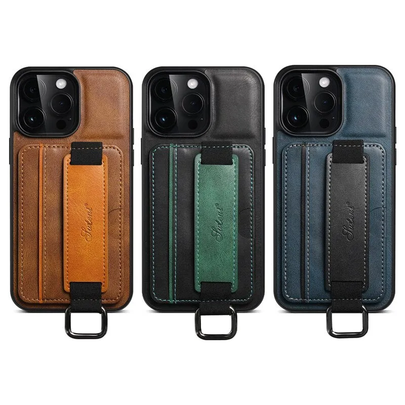 PU Leather Phone Case With Wristband Hand Strap Card Holder For iPhone