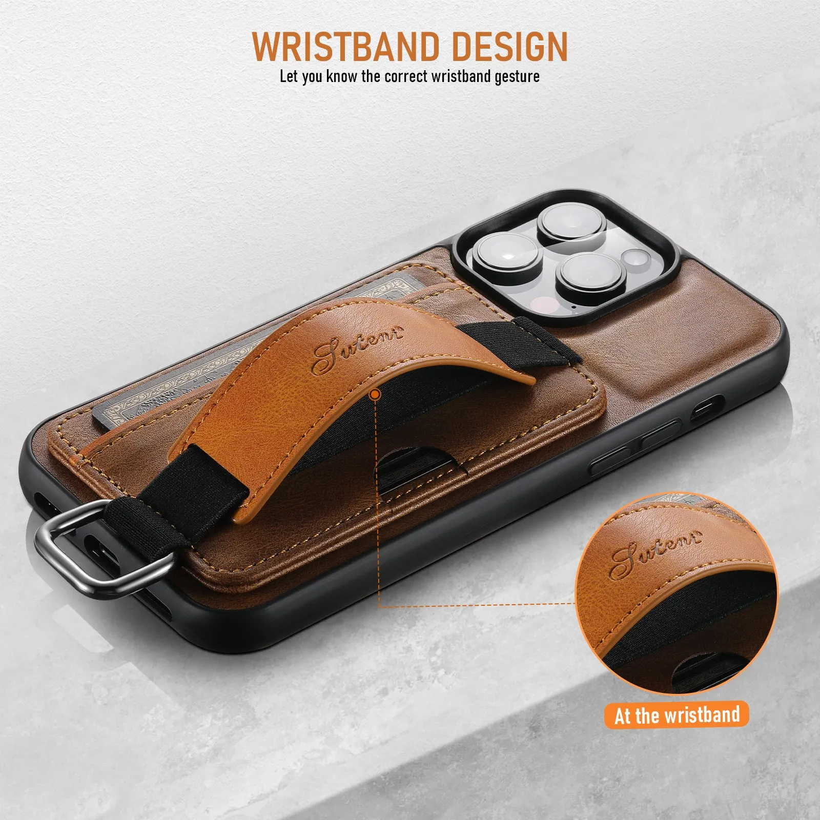 PU Leather Phone Case With Wristband Hand Strap Card Holder For iPhone