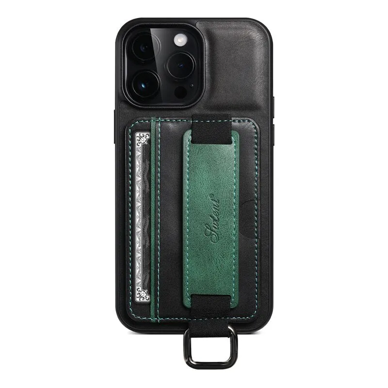 PU Leather Phone Case With Wristband Hand Strap Card Holder For iPhone