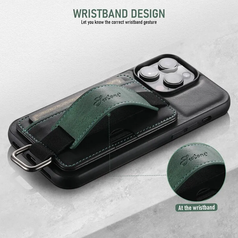 PU Leather Phone Case With Wristband Hand Strap Card Holder For iPhone