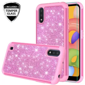 Samsung Galaxy A01 Case, Glitter Bling Heavy Duty Shock Proof Hybrid Case with [HD Screen Protector] Dual Layer Protective Phone Case Cover for Samsung Galaxy A01 - Hot Pink