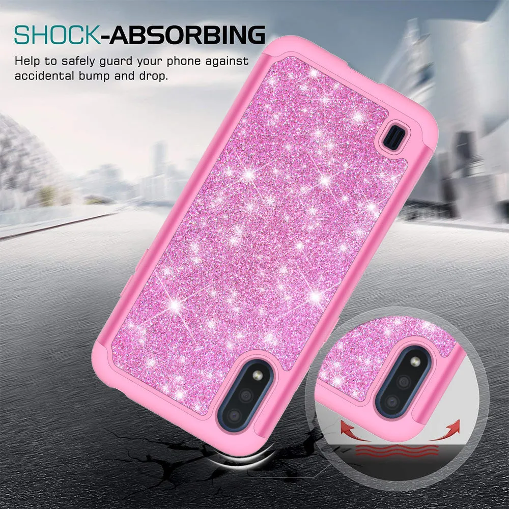 Samsung Galaxy A01 Case, Glitter Bling Heavy Duty Shock Proof Hybrid Case with [HD Screen Protector] Dual Layer Protective Phone Case Cover for Samsung Galaxy A01 - Hot Pink