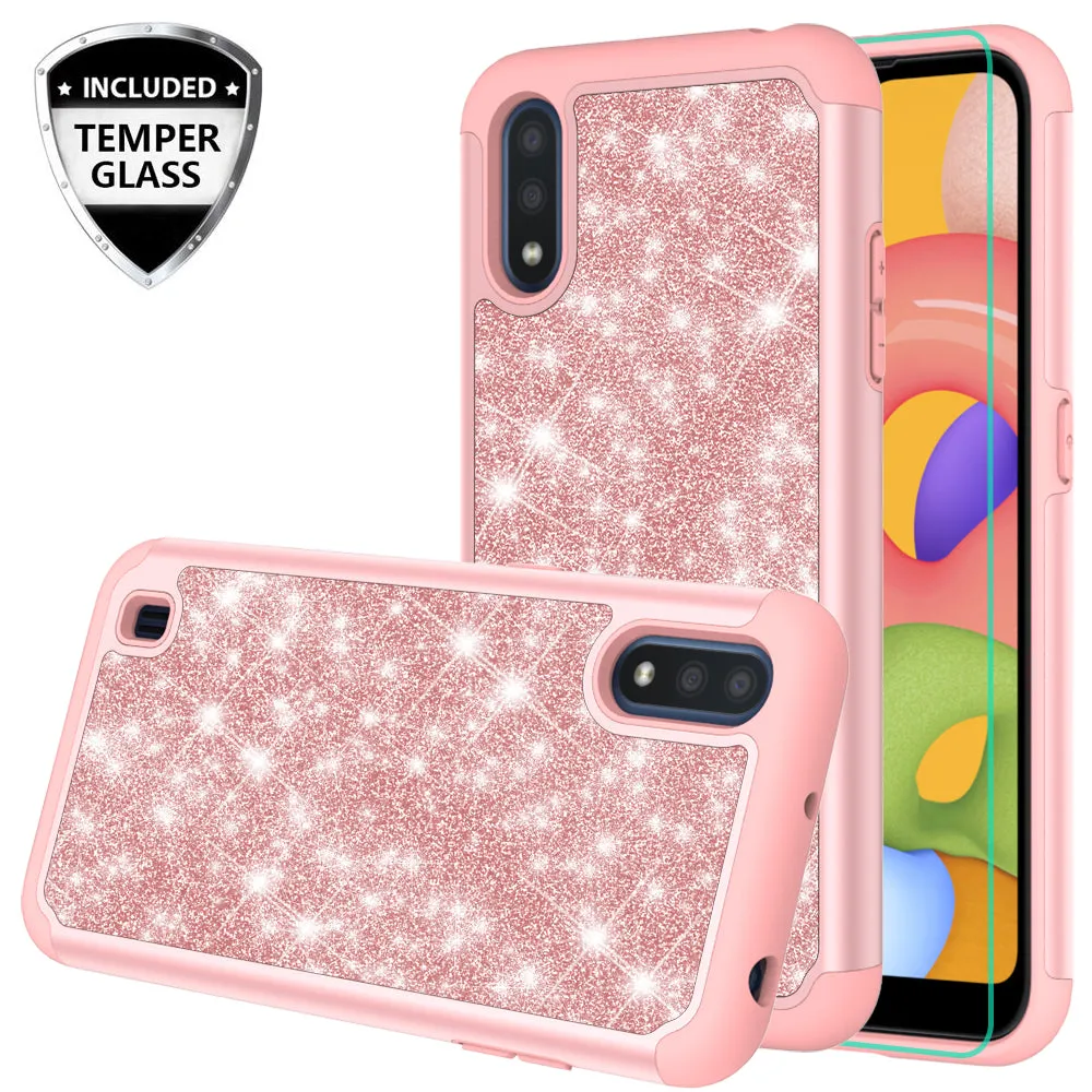 Samsung Galaxy A01 Case, Glitter Bling Heavy Duty Shock Proof Hybrid Case with [HD Screen Protector] Dual Layer Protective Phone Case Cover for Samsung Galaxy A01 - Rose Gold