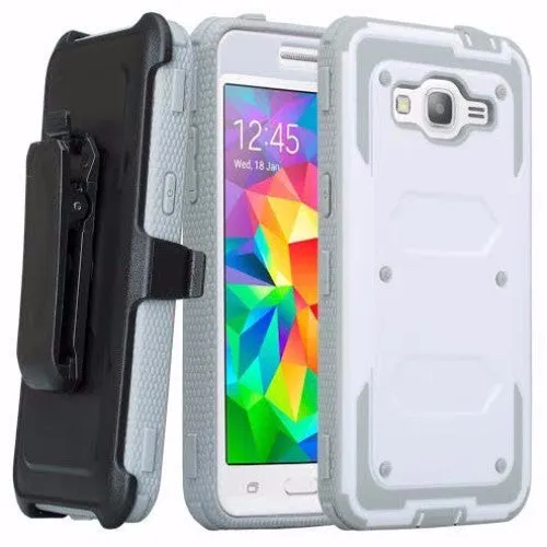 Samsung Galaxy J3 Case, J3V Case | Express Prime Case | Galaxy Sky Case | Amp Prime Case | Galaxy Sol Heavy Duty[Built-in Sc reen Protector] Holster Shell Combo Case - White