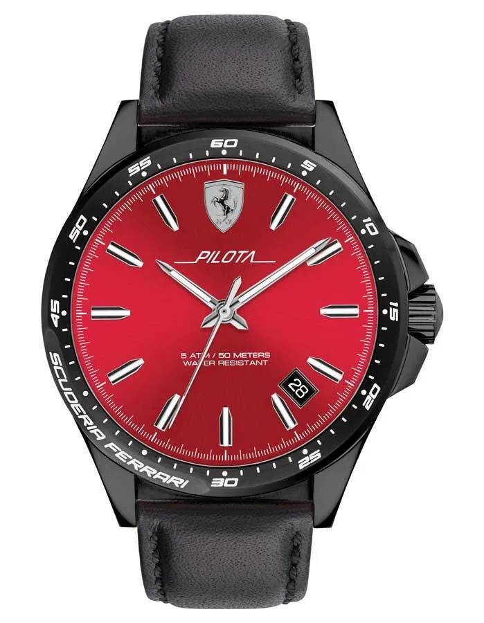 Scuderia Ferrari Pilota Mens Watch - Black Metal - Date - Black Leather Strap