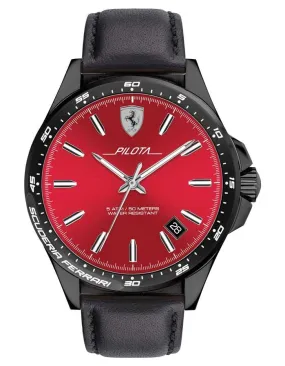 Scuderia Ferrari Pilota Mens Watch - Black Metal - Date - Black Leather Strap