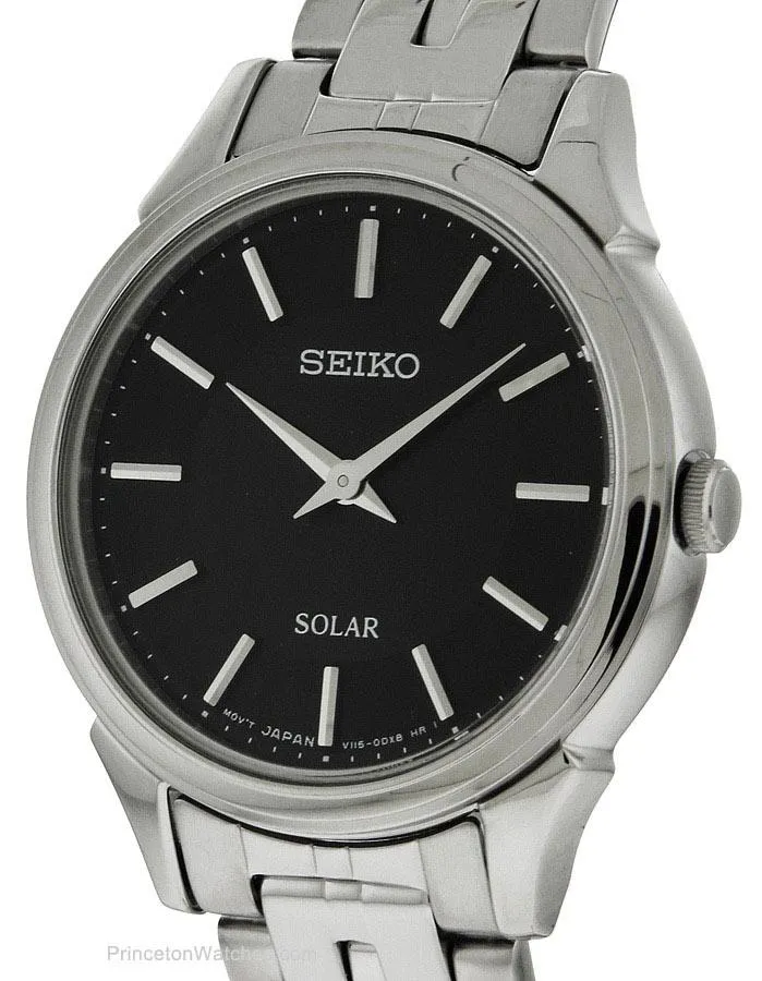 Seiko Solar Ladies Thin Dress Watch - Stainless Steel - Black Dial - Bracelet