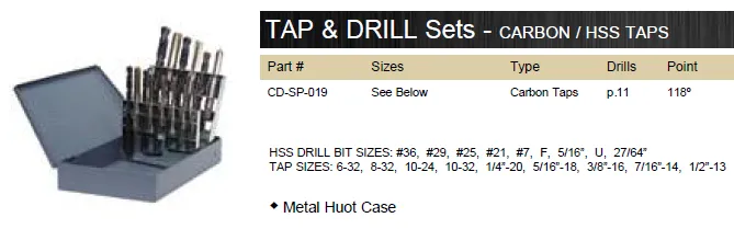 TAP & DRILL BIT SET CARBON TAPS WITH 118° BLACK DRILLS 19 PIECE WITH METAL CASE