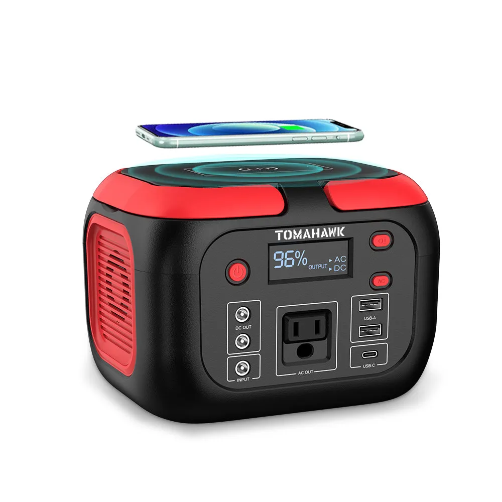 Tomahawk Portable Power Station, 155Wh 200W 4-Port Backup Lithium Battery, AC DC Outlet, 60W USB-C USB-A Pure Sine Wave Outlet, Digital, LED Light for Outdoor Camping, RV