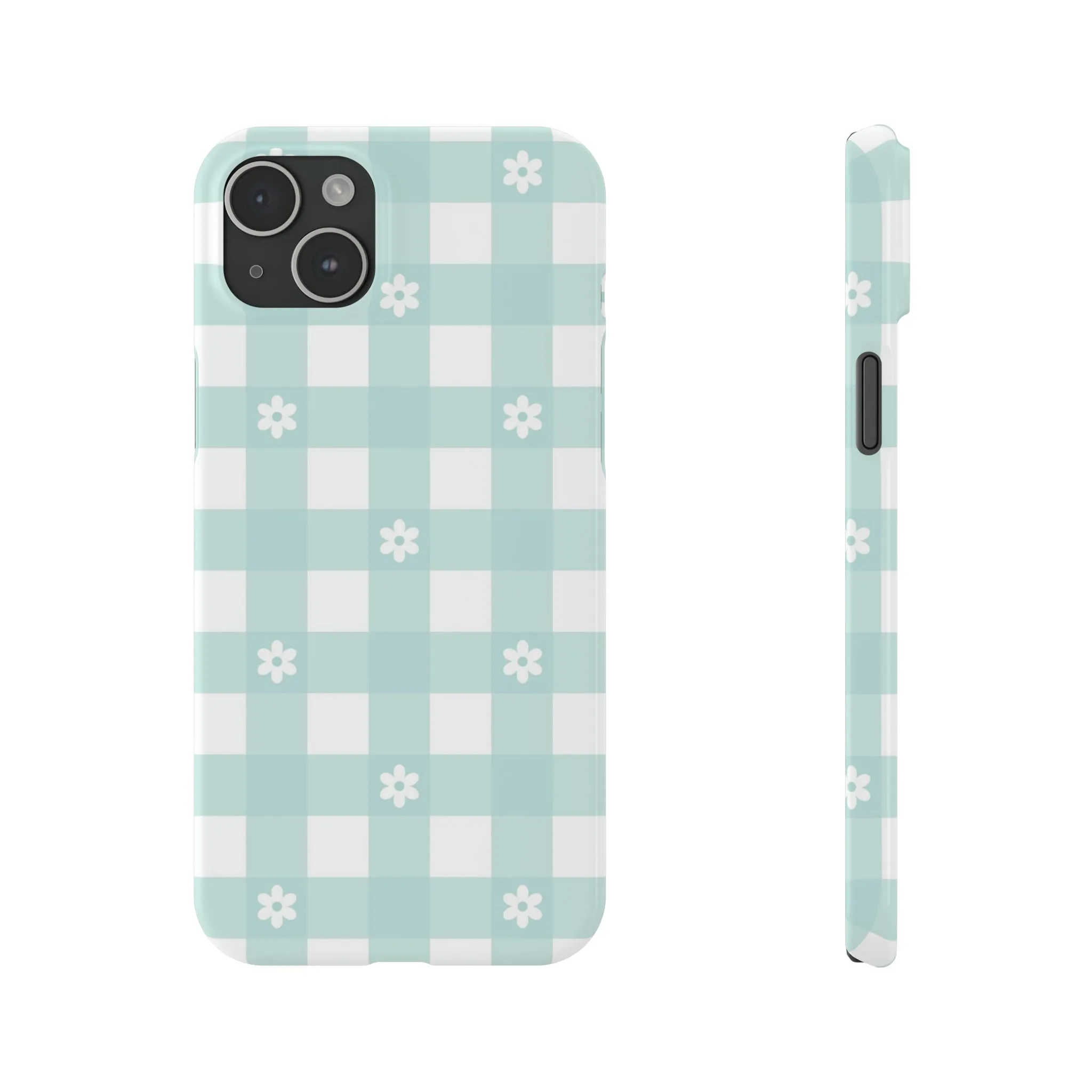 White Daisies and Blue Gingham Design Sleek Elegance Wireless-Charging Compatible Phone Case Slim Phone Case compatible with over 20 iphone models