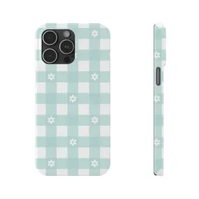 White Daisies and Blue Gingham Design Sleek Elegance Wireless-Charging Compatible Phone Case Slim Phone Case compatible with over 20 iphone models