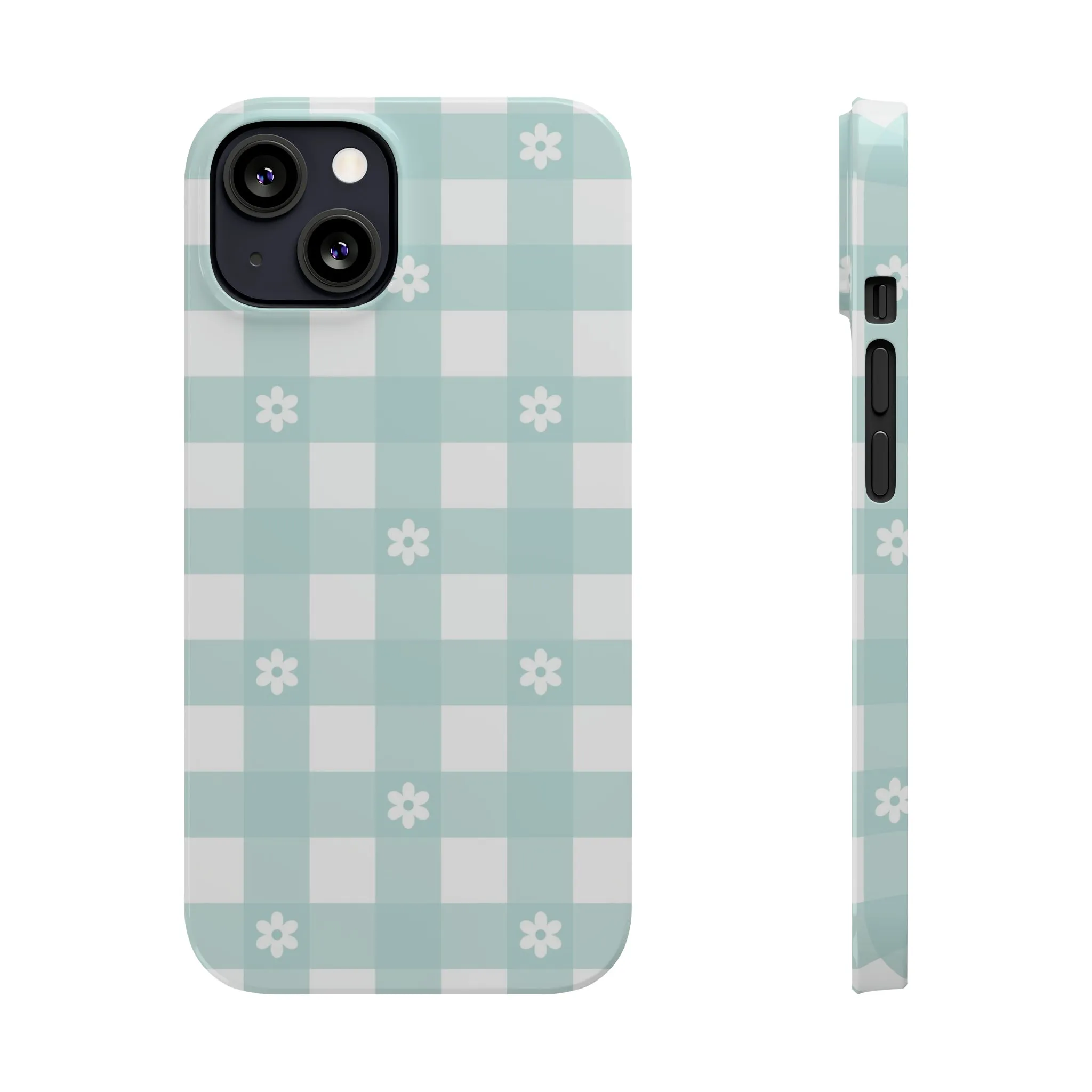 White Daisies and Blue Gingham Design Sleek Elegance Wireless-Charging Compatible Phone Case Slim Phone Case compatible with over 20 iphone models