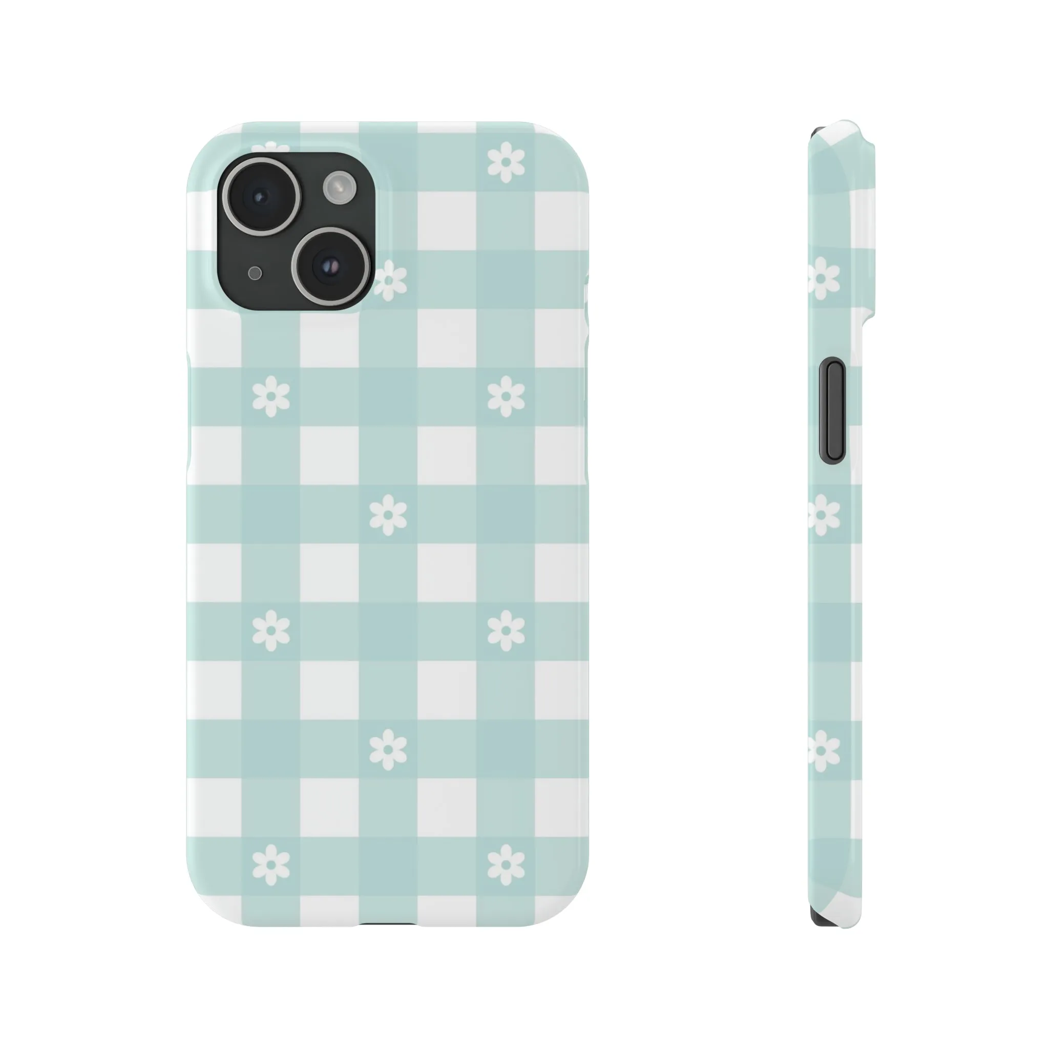 White Daisies and Blue Gingham Design Sleek Elegance Wireless-Charging Compatible Phone Case Slim Phone Case compatible with over 20 iphone models