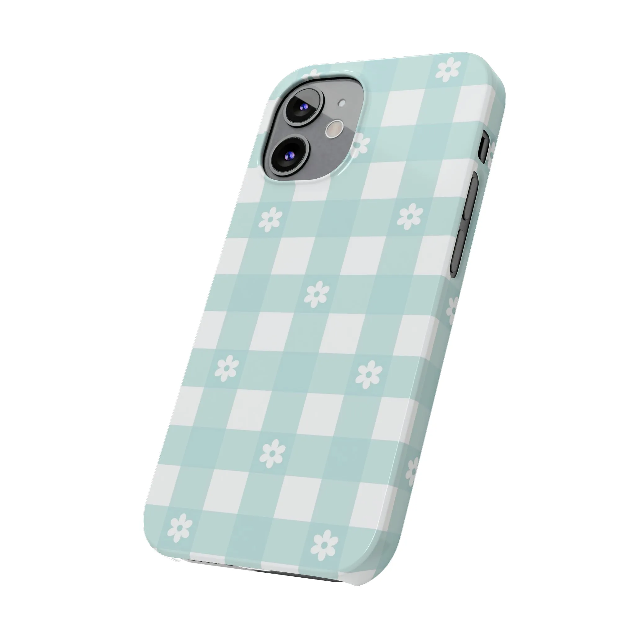 White Daisies and Blue Gingham Design Sleek Elegance Wireless-Charging Compatible Phone Case Slim Phone Case compatible with over 20 iphone models