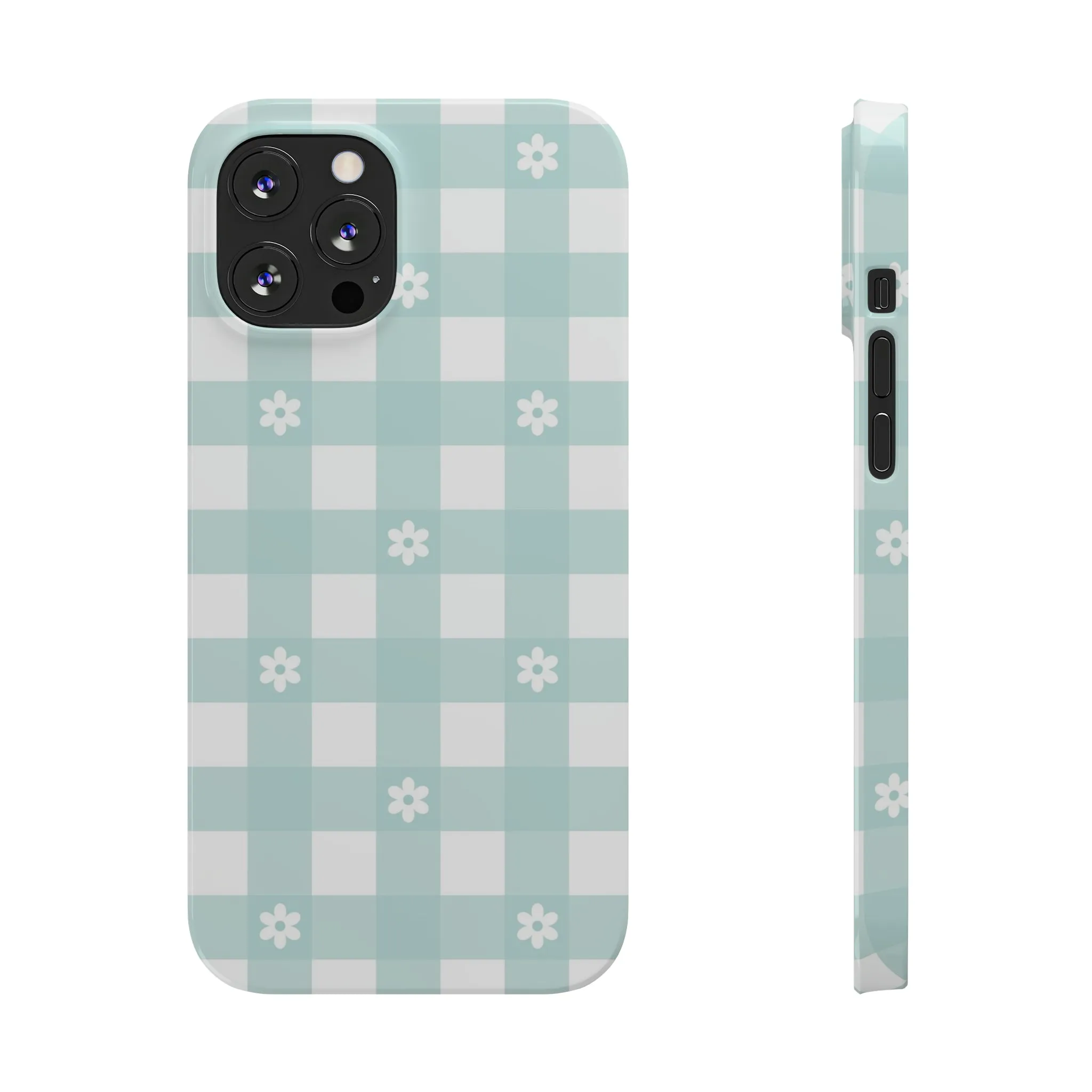 White Daisies and Blue Gingham Design Sleek Elegance Wireless-Charging Compatible Phone Case Slim Phone Case compatible with over 20 iphone models