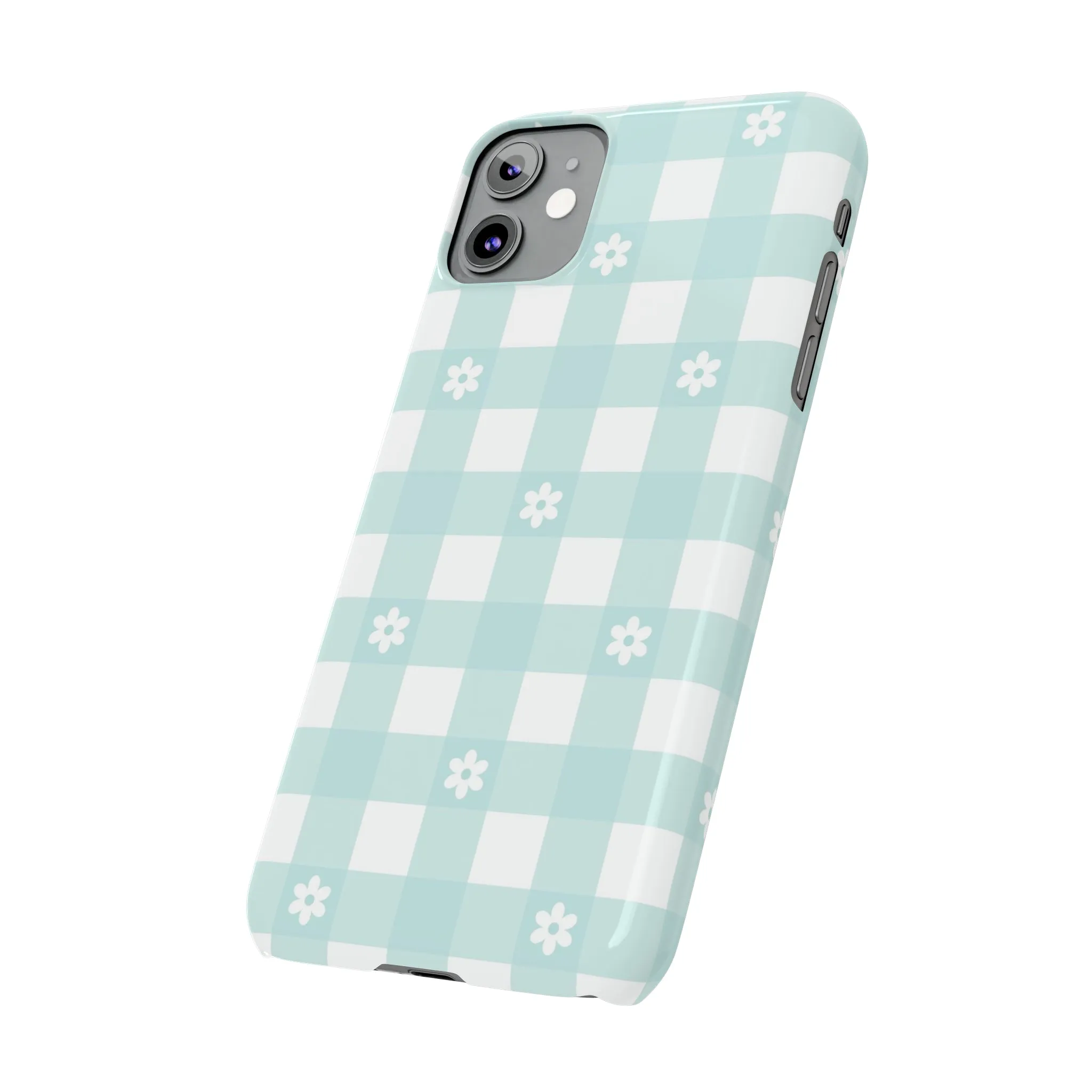 White Daisies and Blue Gingham Design Sleek Elegance Wireless-Charging Compatible Phone Case Slim Phone Case compatible with over 20 iphone models