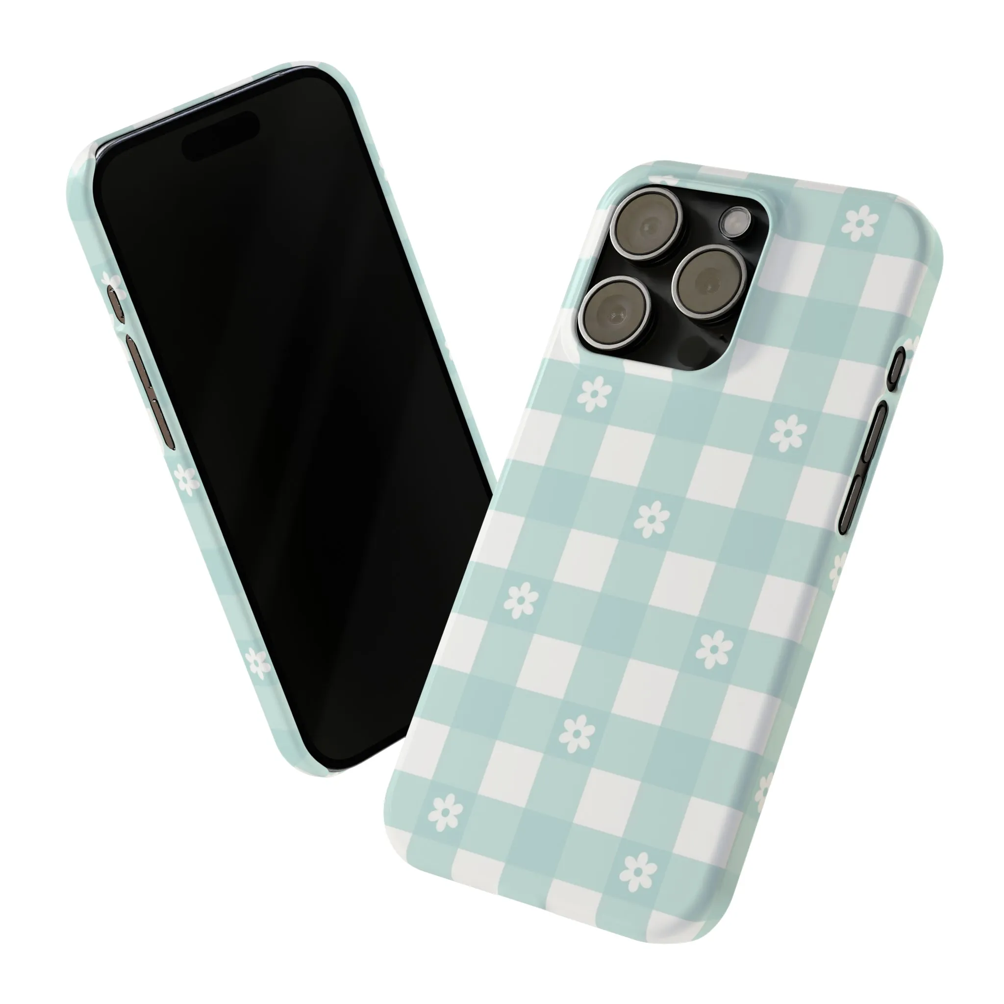 White Daisies and Blue Gingham Design Sleek Elegance Wireless-Charging Compatible Phone Case Slim Phone Case compatible with over 20 iphone models