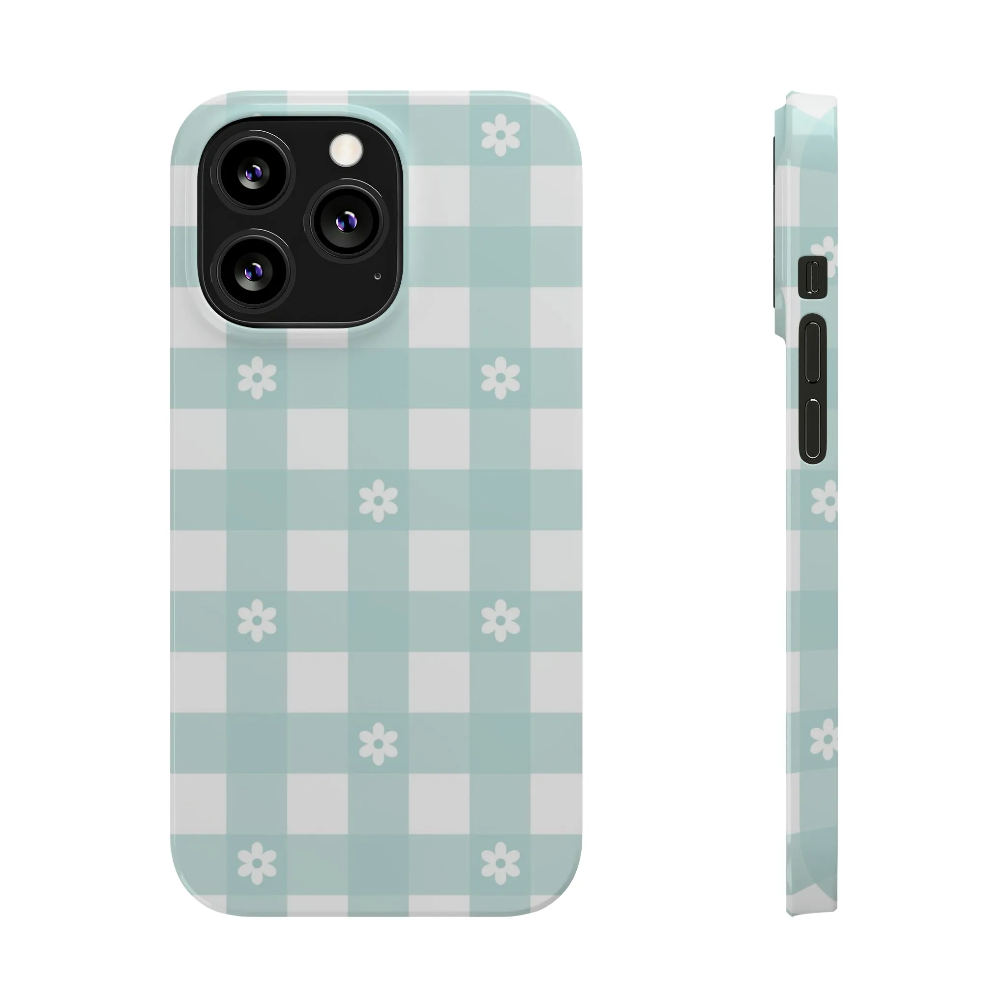 White Daisies and Blue Gingham Design Sleek Elegance Wireless-Charging Compatible Phone Case Slim Phone Case compatible with over 20 iphone models