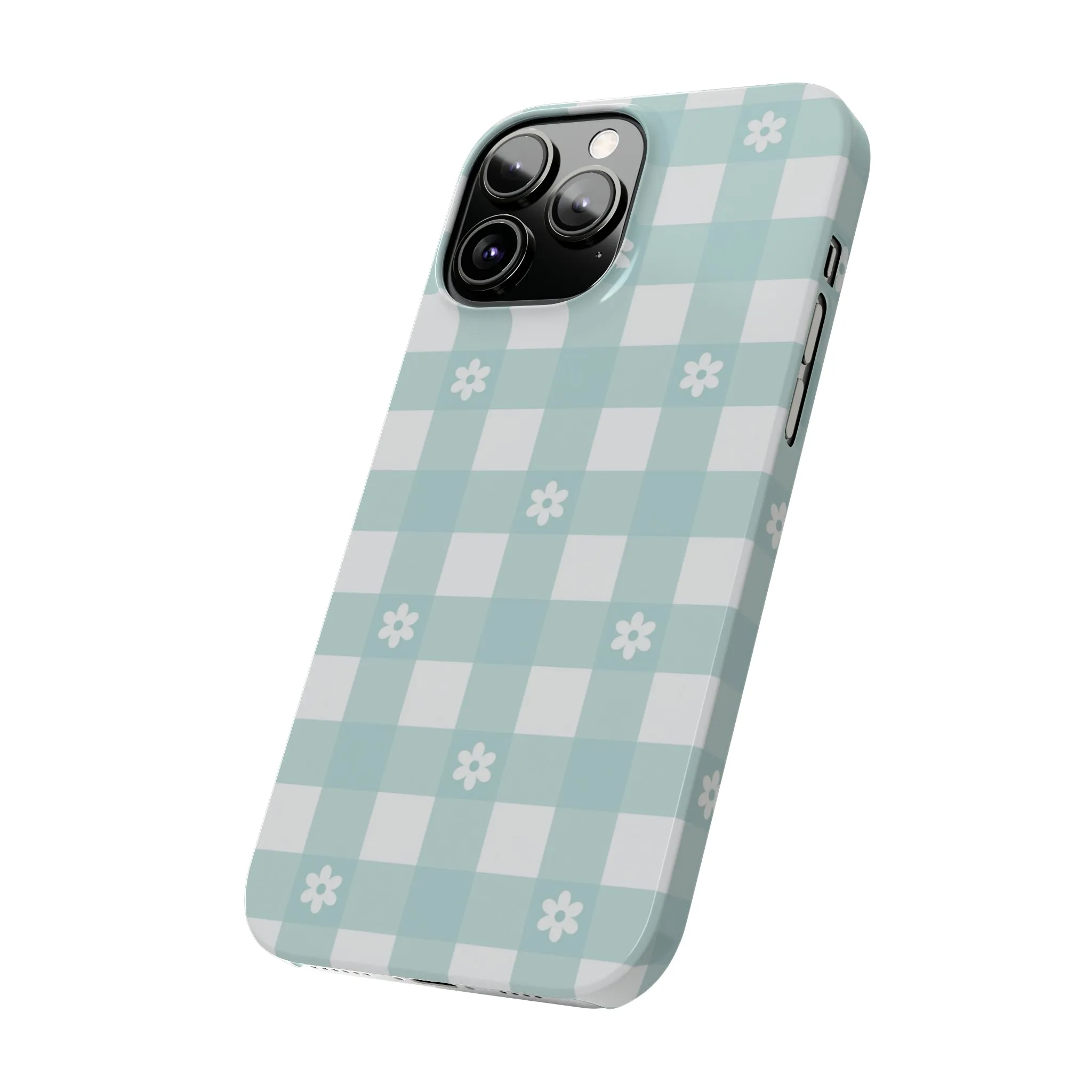 White Daisies and Blue Gingham Design Sleek Elegance Wireless-Charging Compatible Phone Case Slim Phone Case compatible with over 20 iphone models