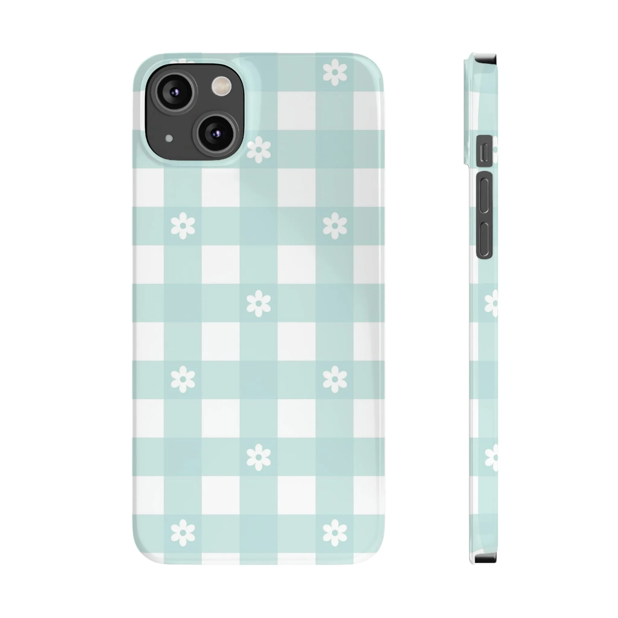 White Daisies and Blue Gingham Design Sleek Elegance Wireless-Charging Compatible Phone Case Slim Phone Case compatible with over 20 iphone models