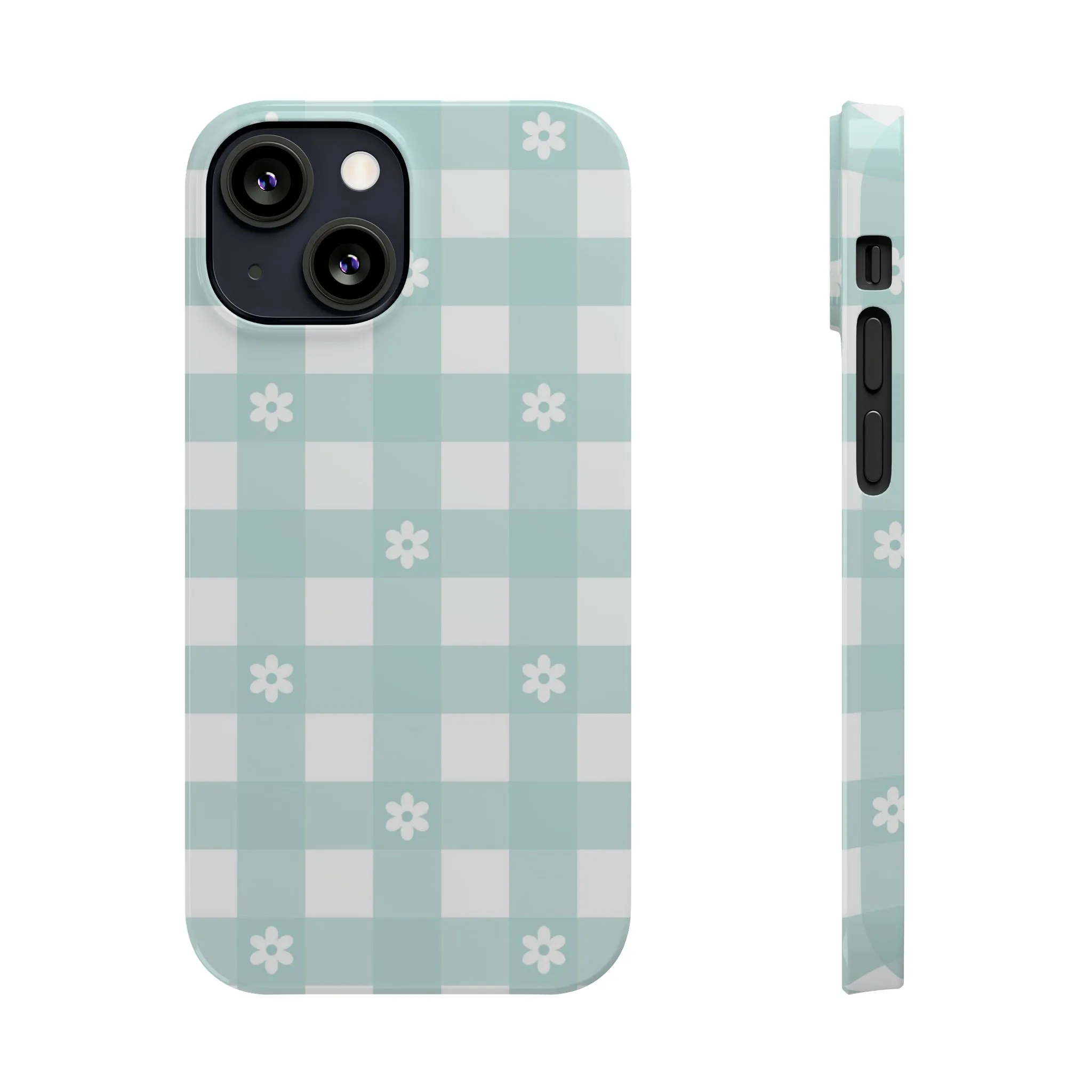 White Daisies and Blue Gingham Design Sleek Elegance Wireless-Charging Compatible Phone Case Slim Phone Case compatible with over 20 iphone models