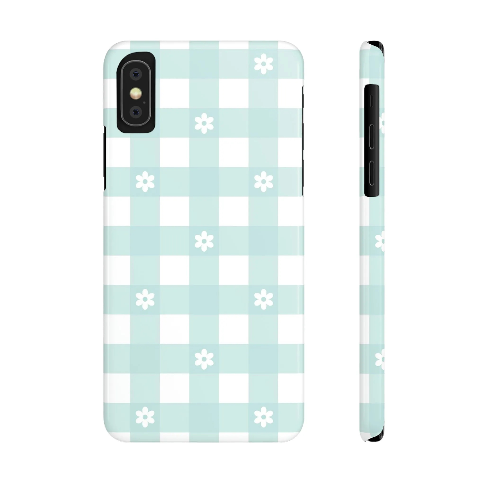 White Daisies and Blue Gingham Design Sleek Elegance Wireless-Charging Compatible Phone Case Slim Phone Case compatible with over 20 iphone models