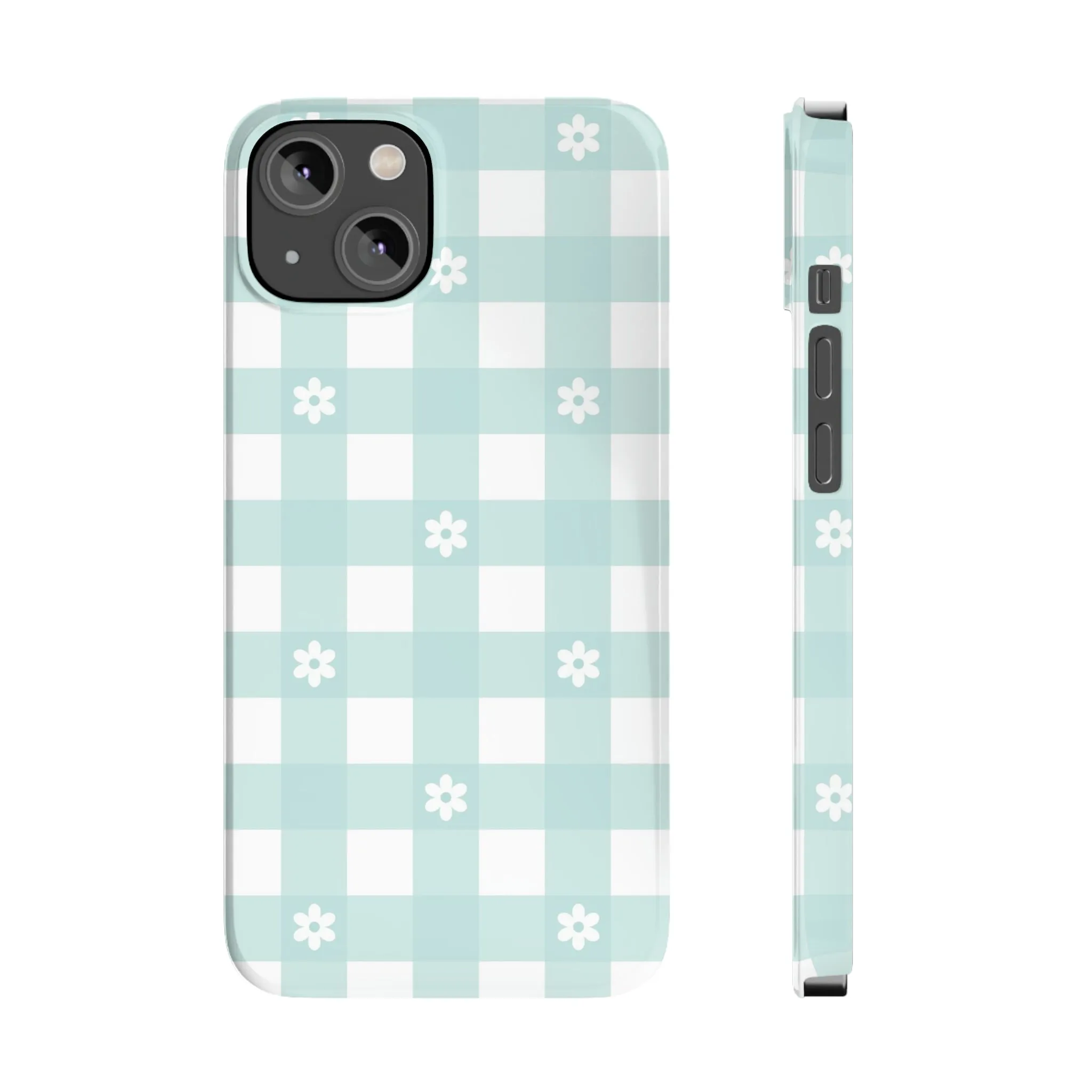 White Daisies and Blue Gingham Design Sleek Elegance Wireless-Charging Compatible Phone Case Slim Phone Case compatible with over 20 iphone models