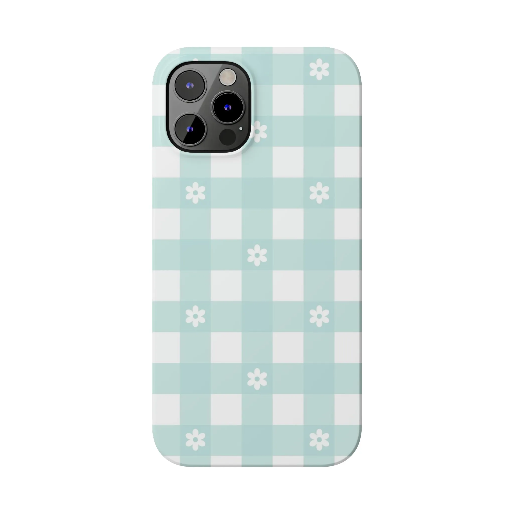 White Daisies and Blue Gingham Design Sleek Elegance Wireless-Charging Compatible Phone Case Slim Phone Case compatible with over 20 iphone models