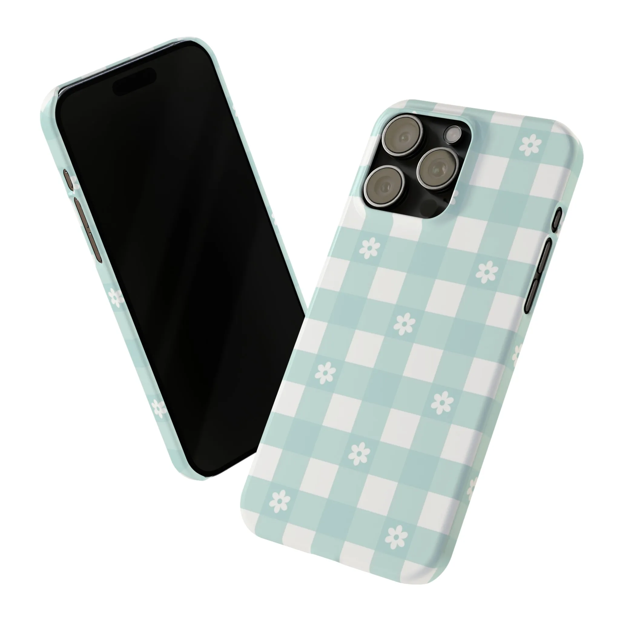 White Daisies and Blue Gingham Design Sleek Elegance Wireless-Charging Compatible Phone Case Slim Phone Case compatible with over 20 iphone models