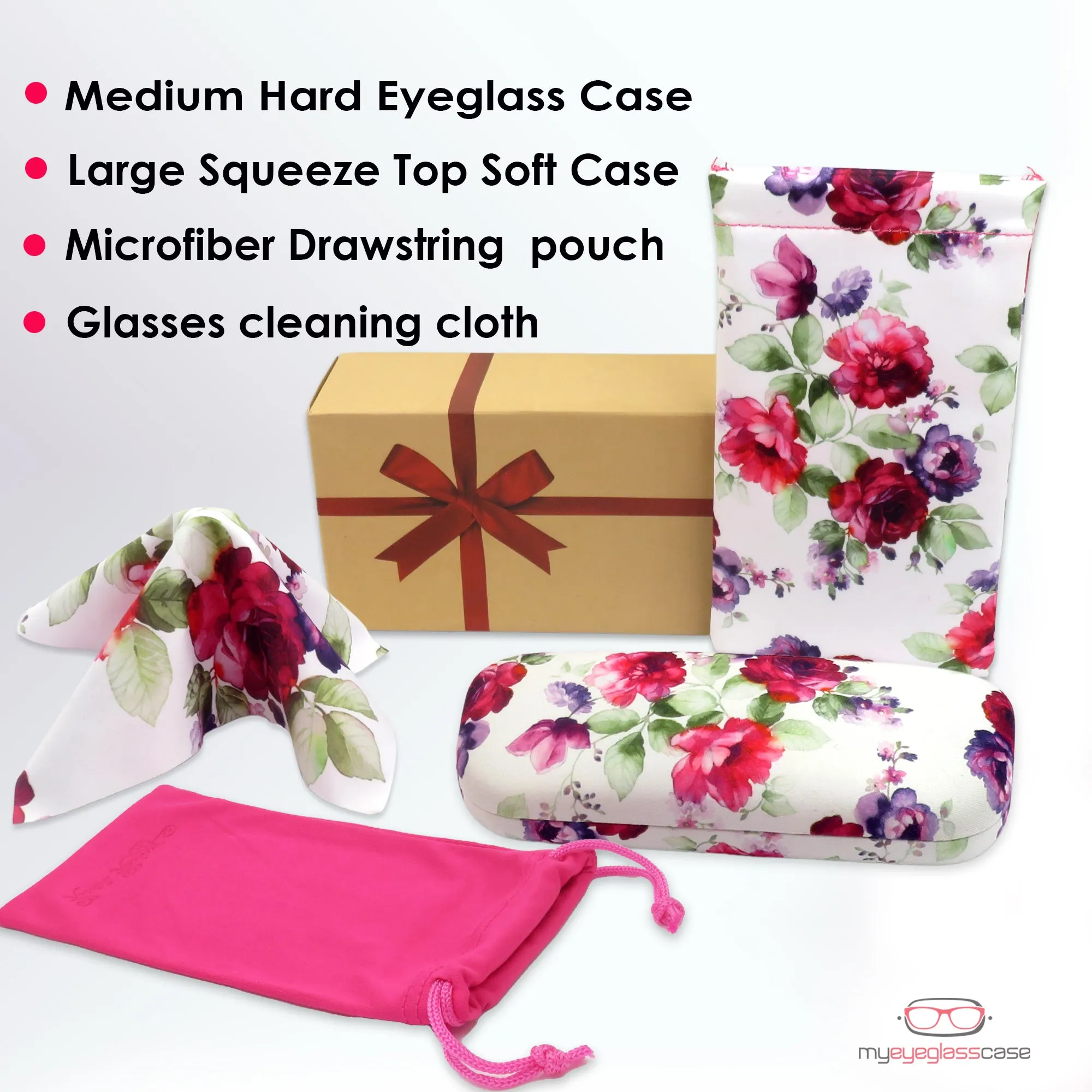 Women floral Hard Eyeglass Case with soft Sunglasses Pouch - medium Glasses Case with pouch and cloth  (Combo Cranberry Rose)