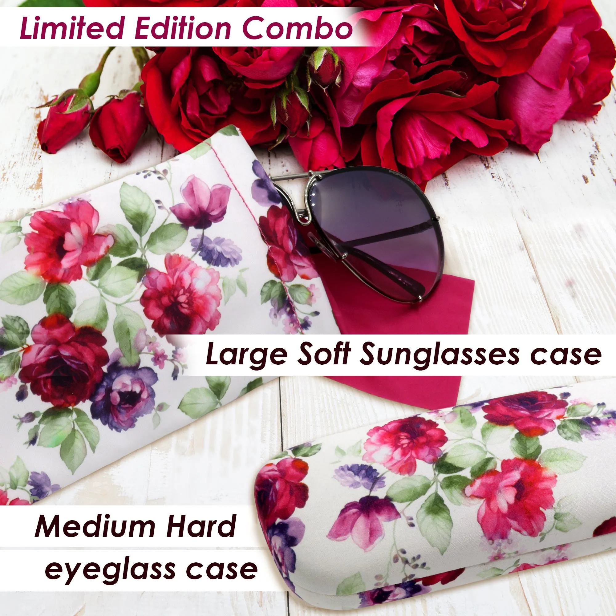 Women floral Hard Eyeglass Case with soft Sunglasses Pouch - medium Glasses Case with pouch and cloth  (Combo Cranberry Rose)