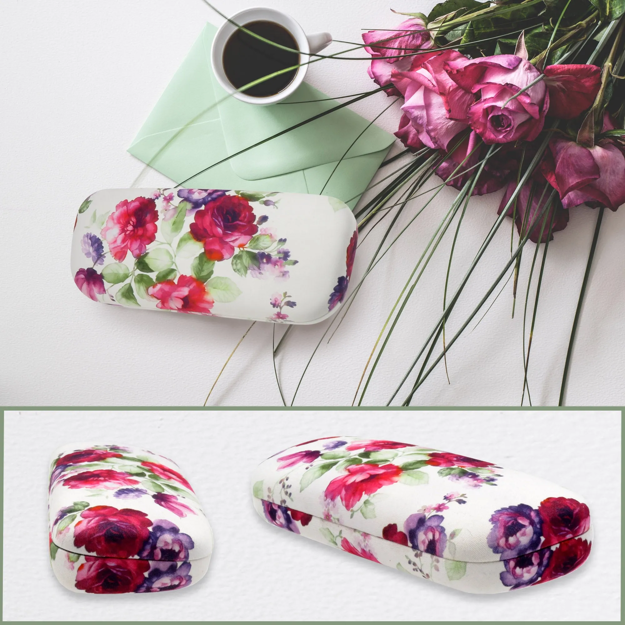 Women floral Hard Eyeglass Case with soft Sunglasses Pouch - medium Glasses Case with pouch and cloth  (Combo Cranberry Rose)